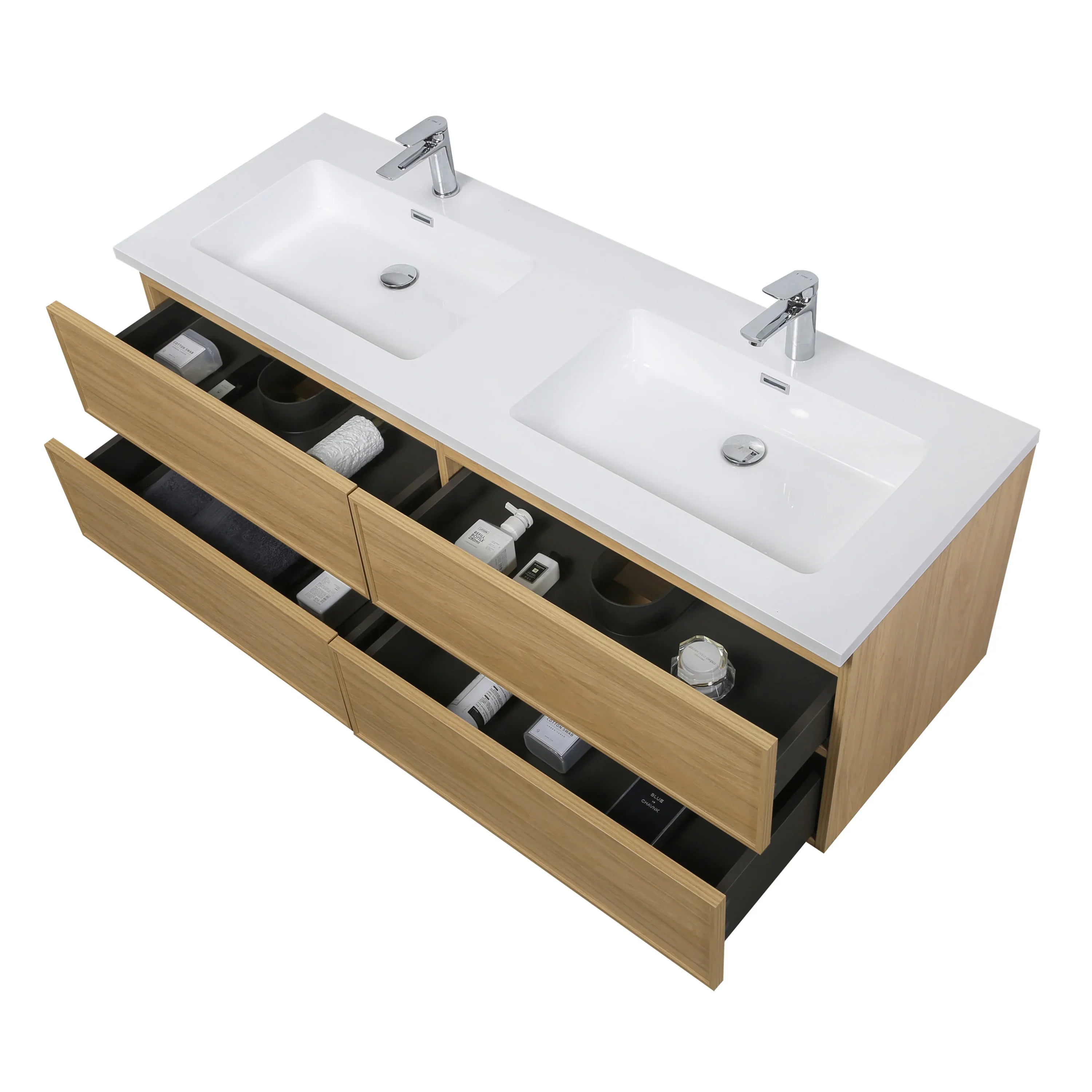 Meuble Lavabo Mural 60 pouces Noyer Couchant Double Vasque avec Comptoir Polymarbre Blanc