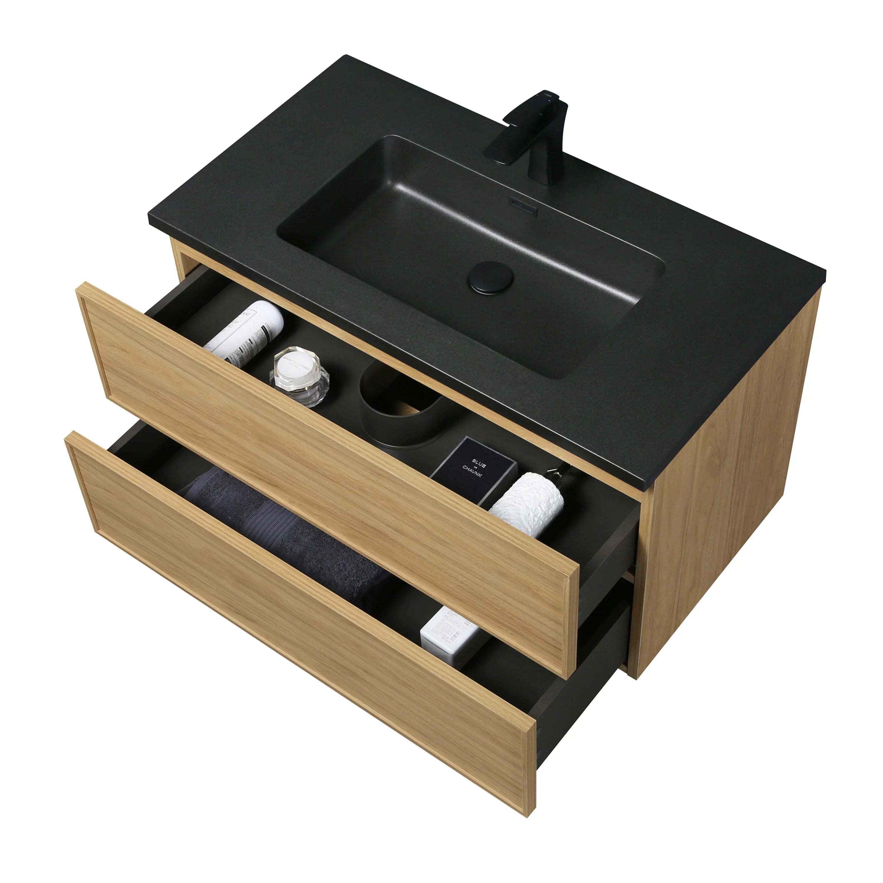 Meuble Lavabo Mural 36 pouces Noyer Couchant avec Comptoir Quartz Noir - Collection Luxe