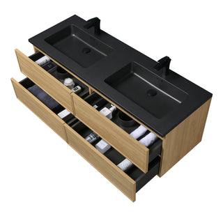 Meuble-Lavabo Mural 60po Noyer Couchant avec Comptoir de Quartz d'ingénierie Noir