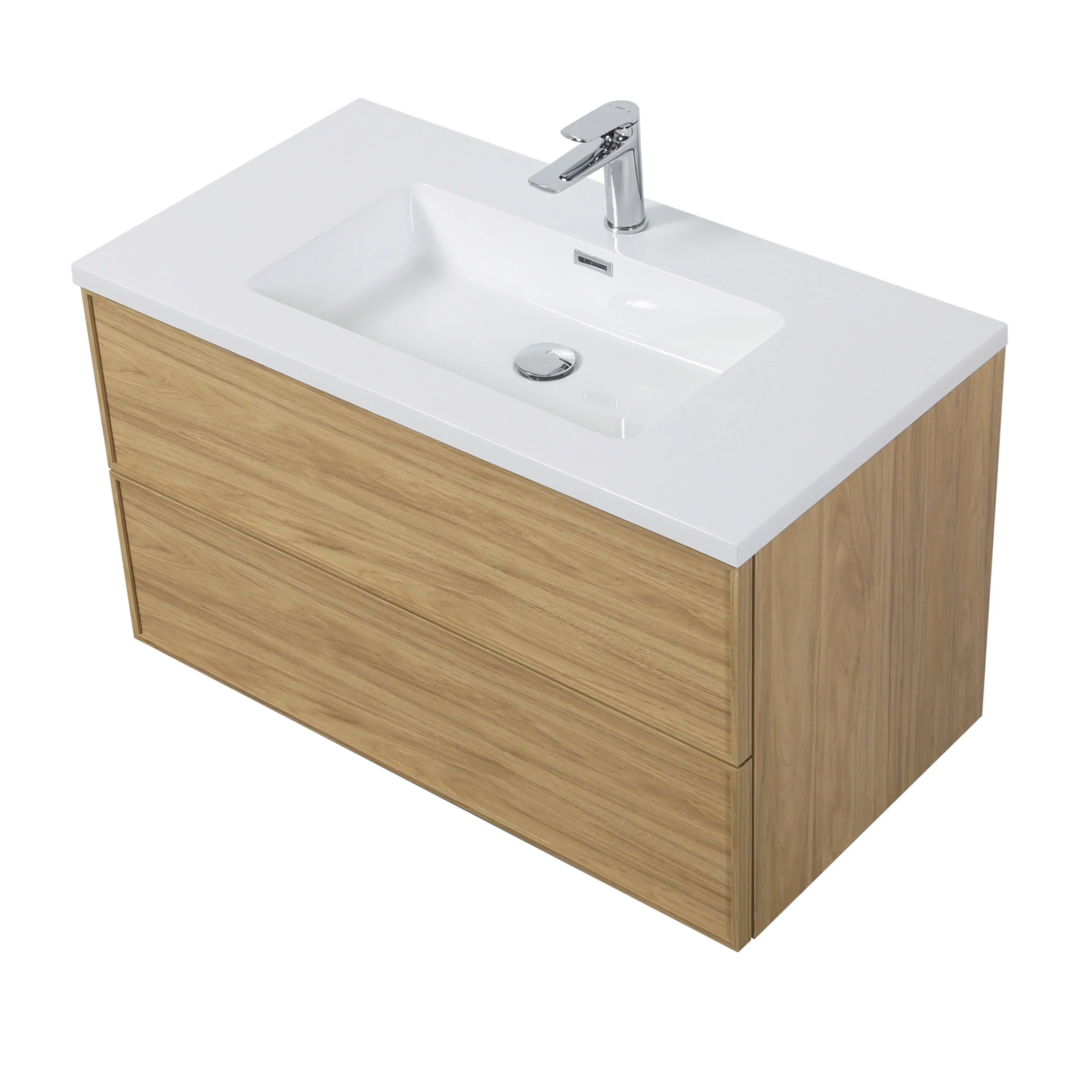 Meuble Lavabo Flottant 36po Noyer Couchant avec Comptoir Polymarbre Blanc - Collection Luxe