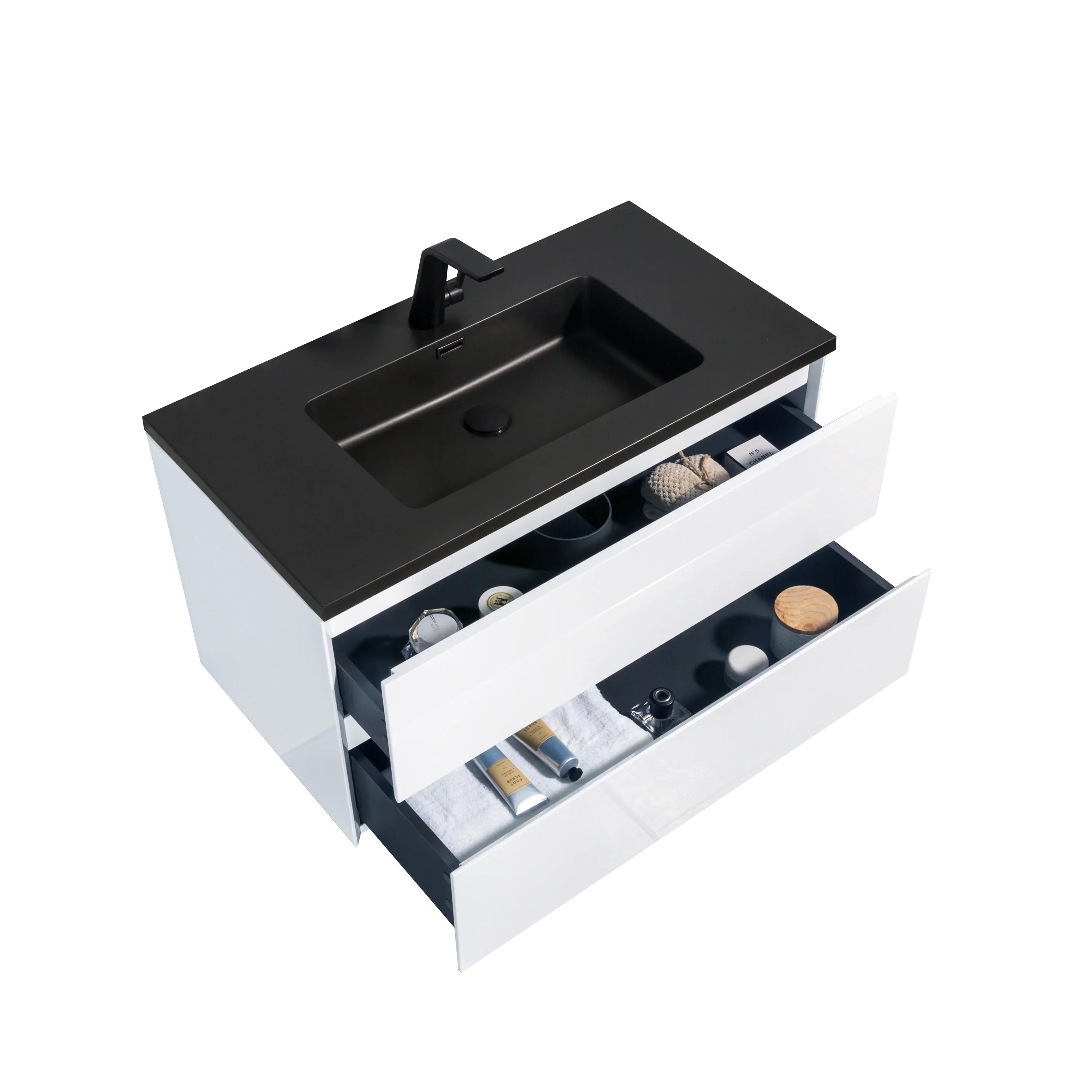 36" White Wall Mount Bathroom Vanity with Black Engineered Quartz Countertop