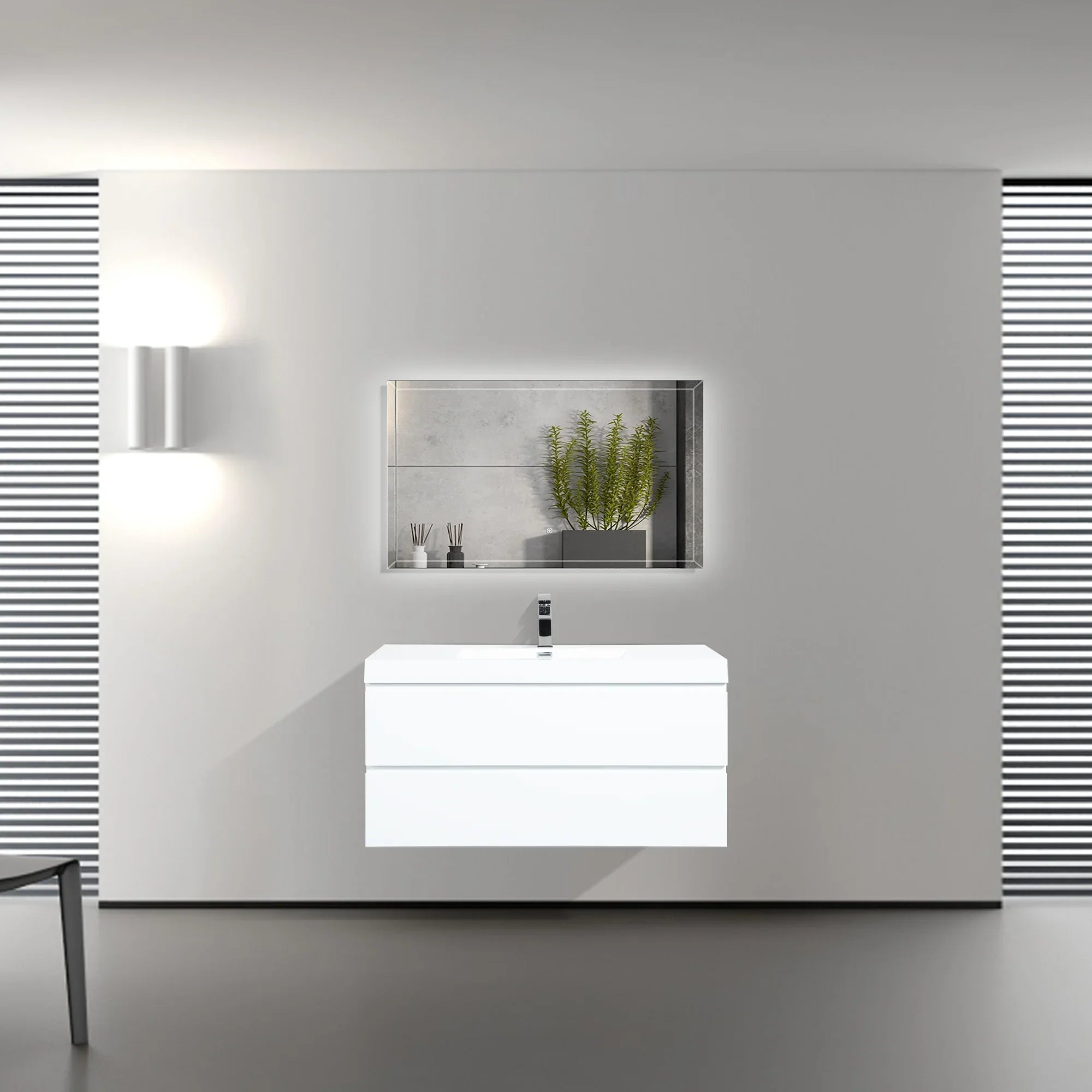 42" Glossy White Wall Mount Bathroom Vanity with White Polymarble Countertop