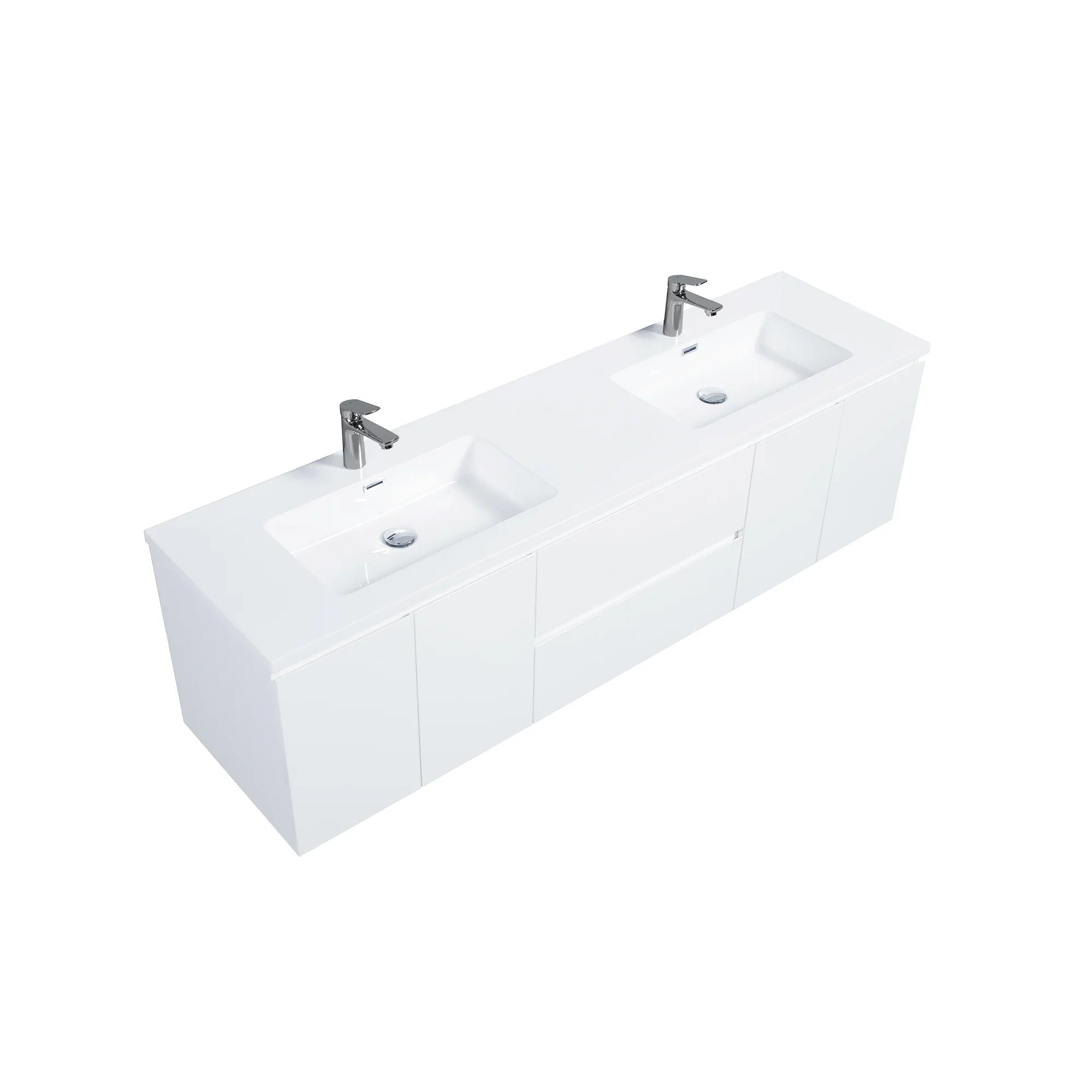 72" White Wall Mount Double Sink Bathroom Vanity with White Polymarble Countertop