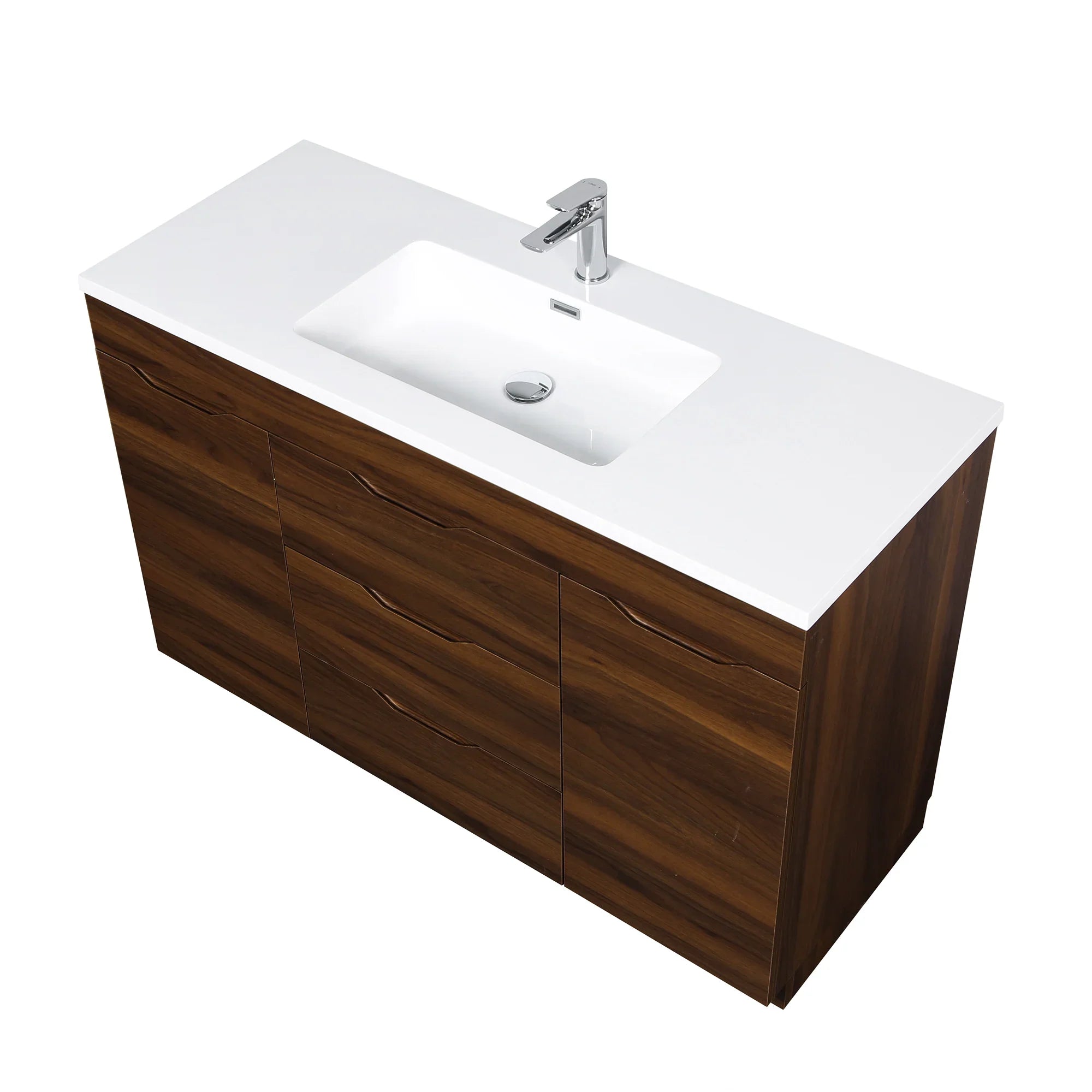 48" Walnut Freestanding Single Sink Bathroom Vanity with White Polymarble Countertop