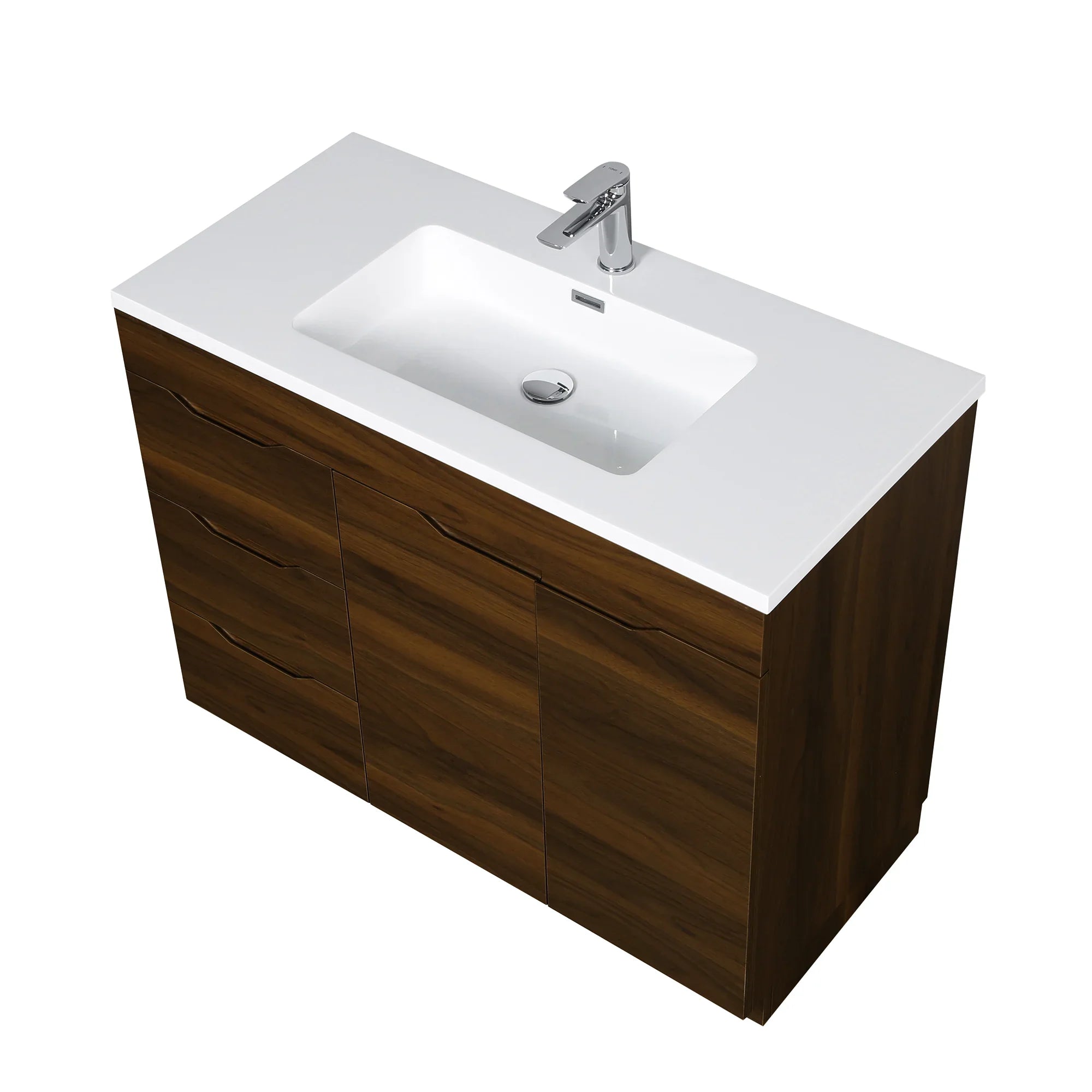 40" Walnut Freestanding Bathroom Vanity with White Polymarble Countertop