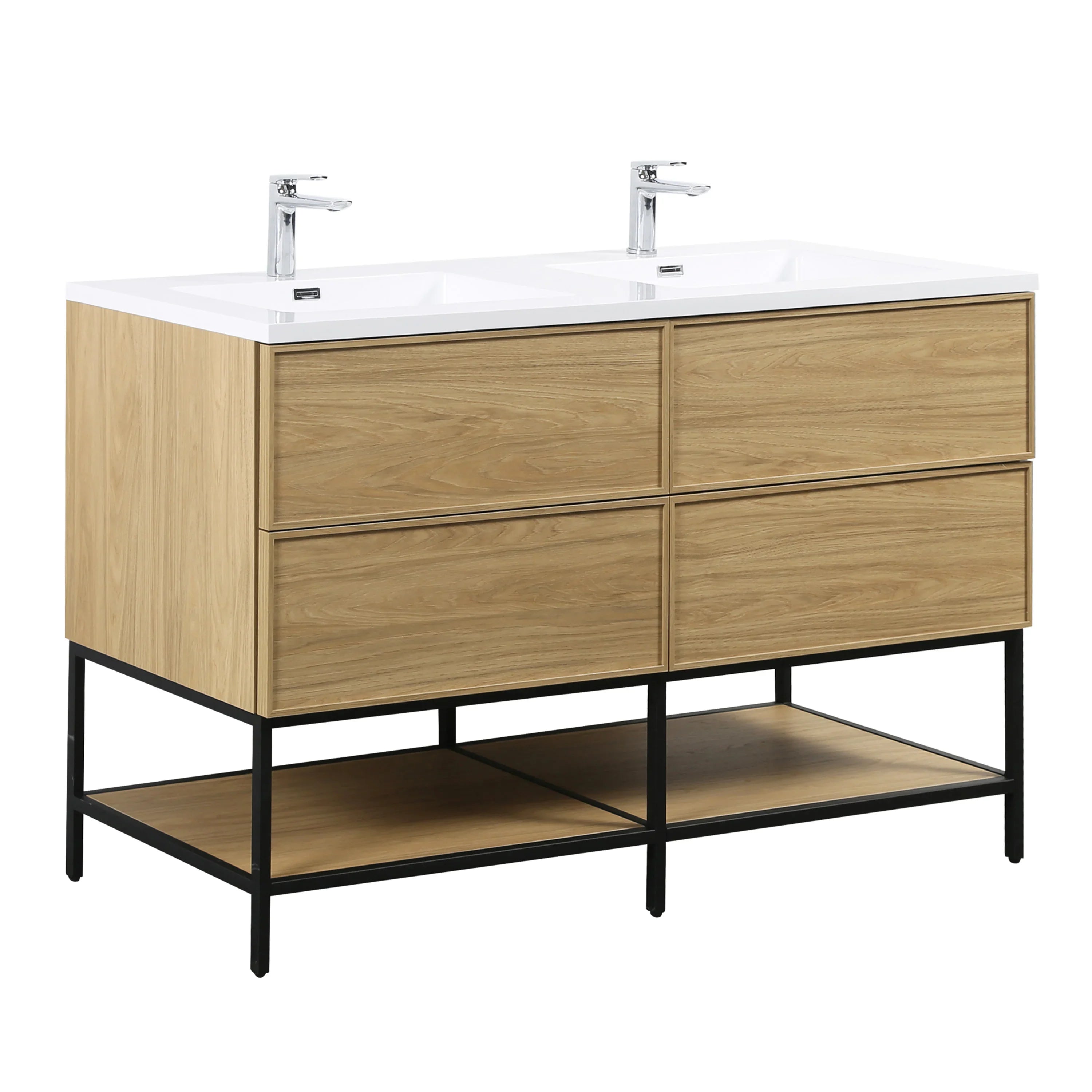 Meuble Lavabo Mural 60 pouces Noyer Couchant Double Vasque avec Comptoir Polymarbre Blanc