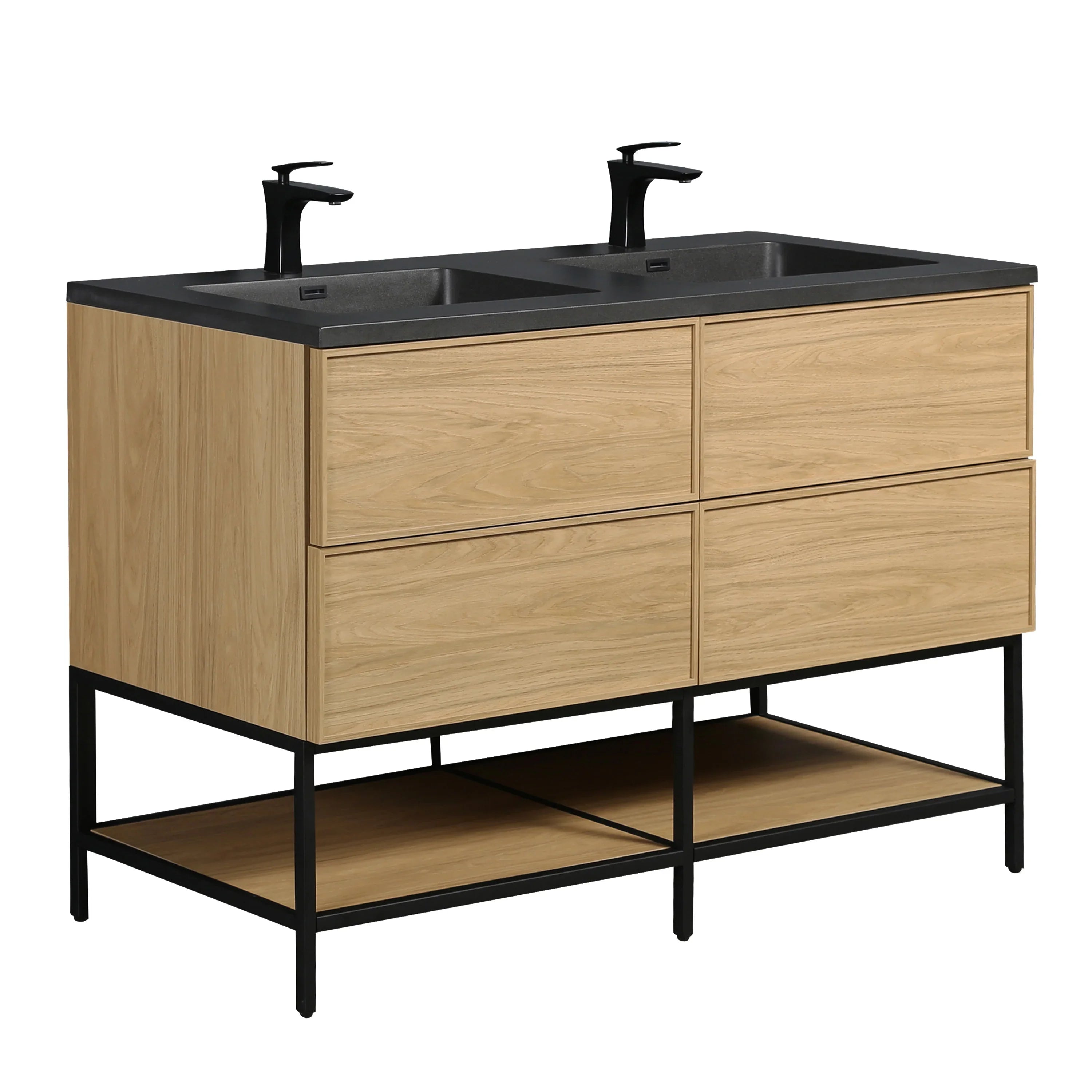 60" Sunset Walnut Wall Mount Double Sink Bathroom Vanity with Black Engineered Quartz Countertop
