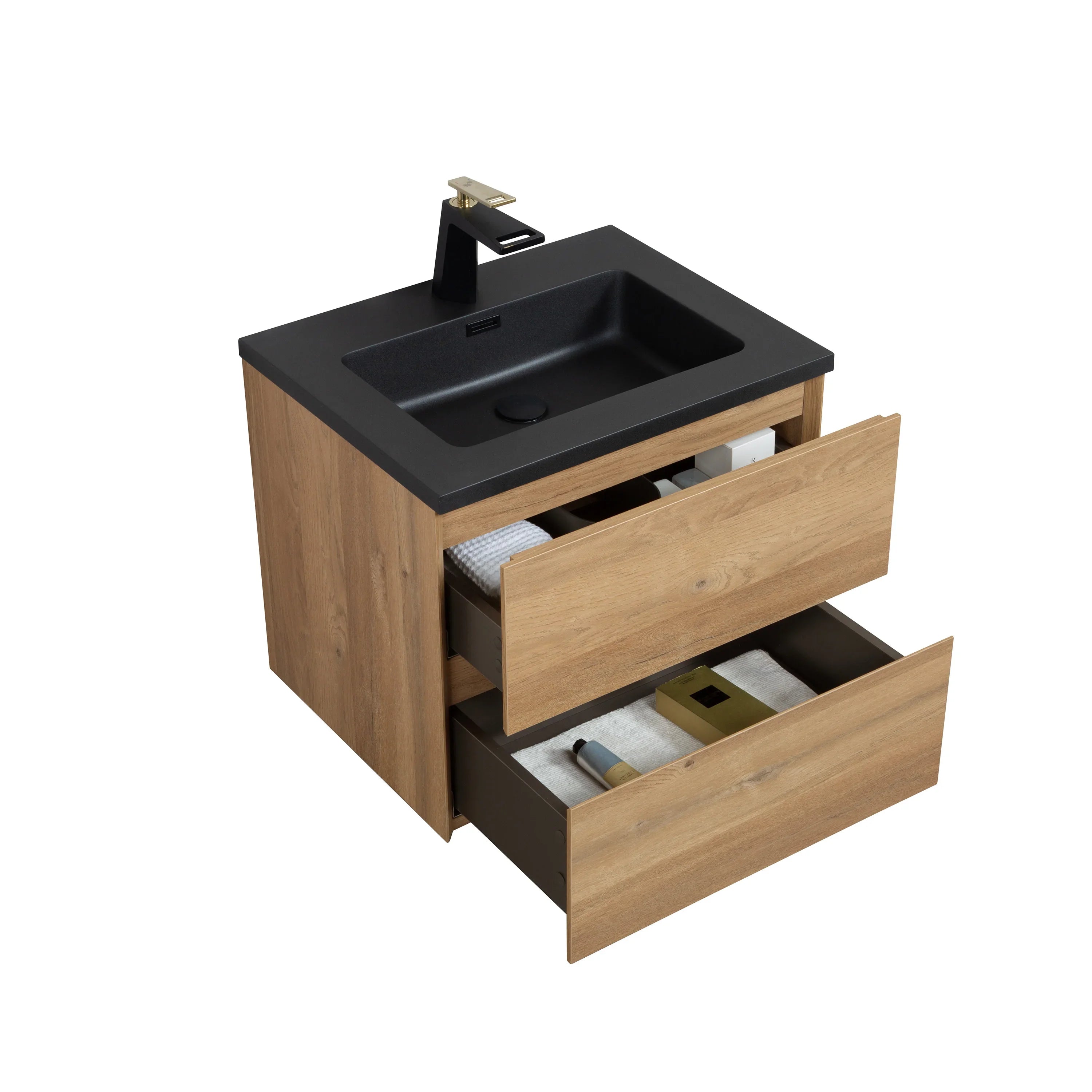 Meuble-Lavabo Mural 24po Chêne Brut avec Comptoir de Quartz d'ingénierie Noir