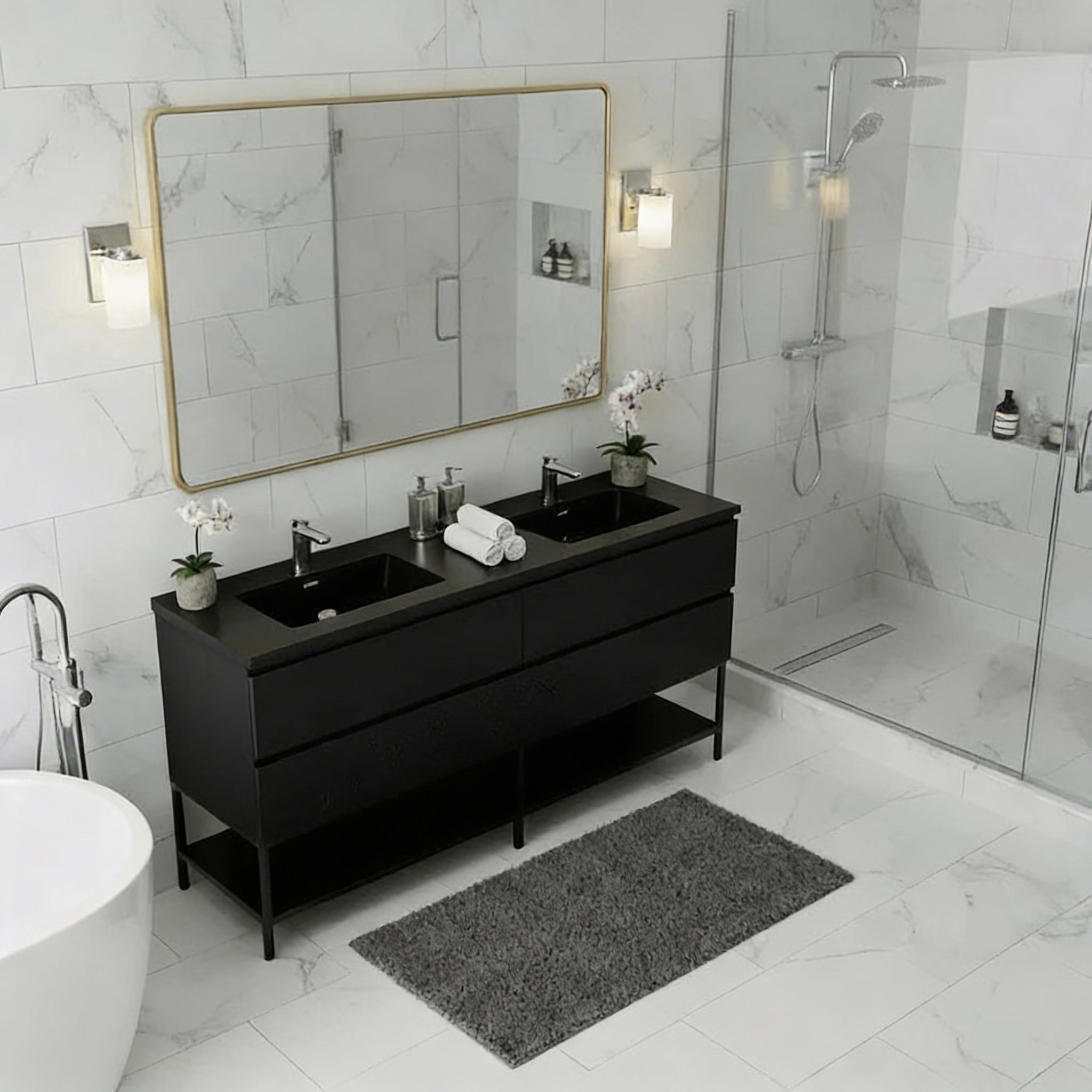 Meuble-Lavabo Double Mural 72po Noir avec Comptoir de Quartz d'ingénierie Noir