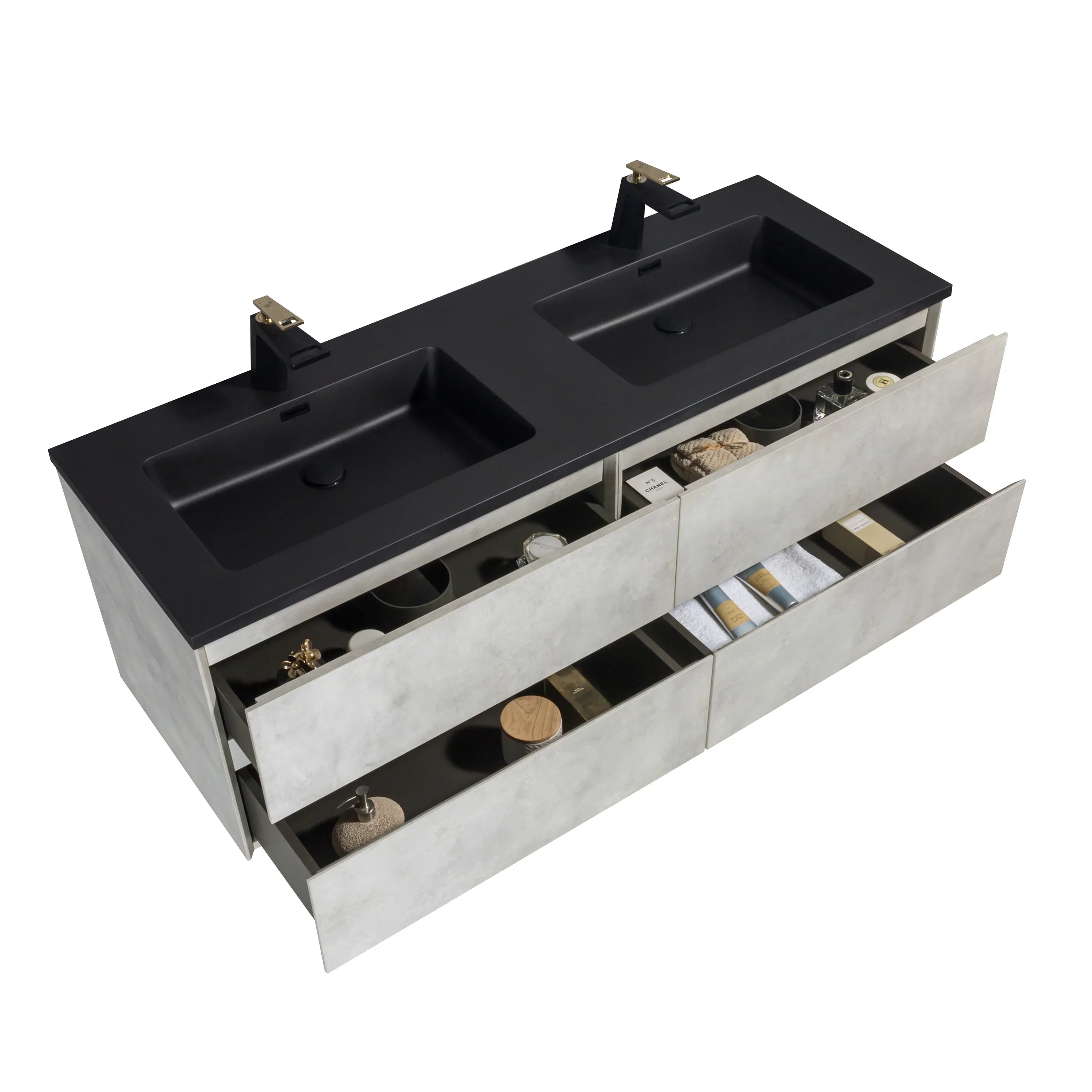 60" Grey Wall Mount Double Sink Bathroom Vanity with Black Engineered Quartz Countertop