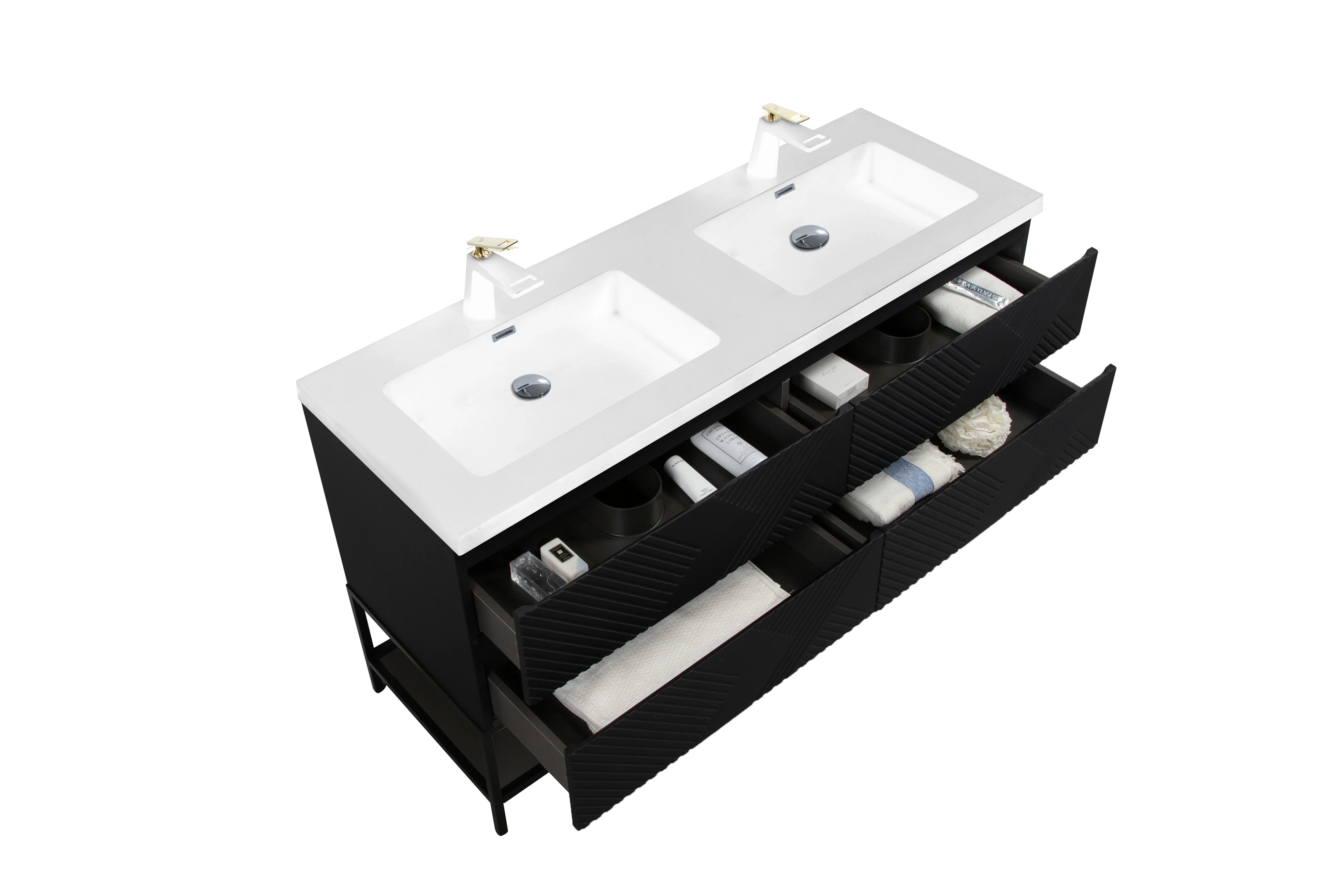 Meuble-lavabo mural noir 60" avec Comptoir en polymarbre blanc