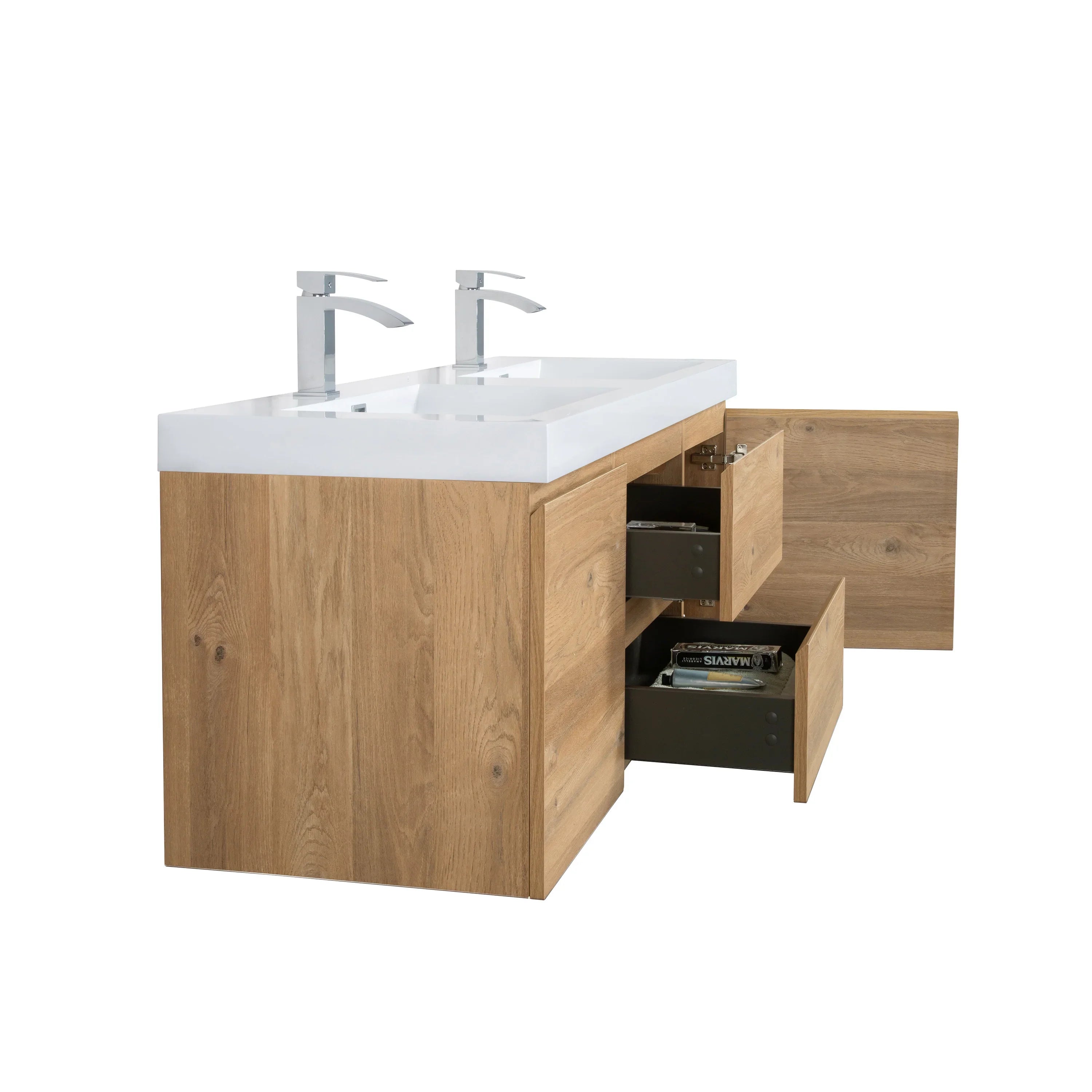 60" Rough Oak Wall Mount Double Sink Bathroom Vanity with White Polymarble Countertop