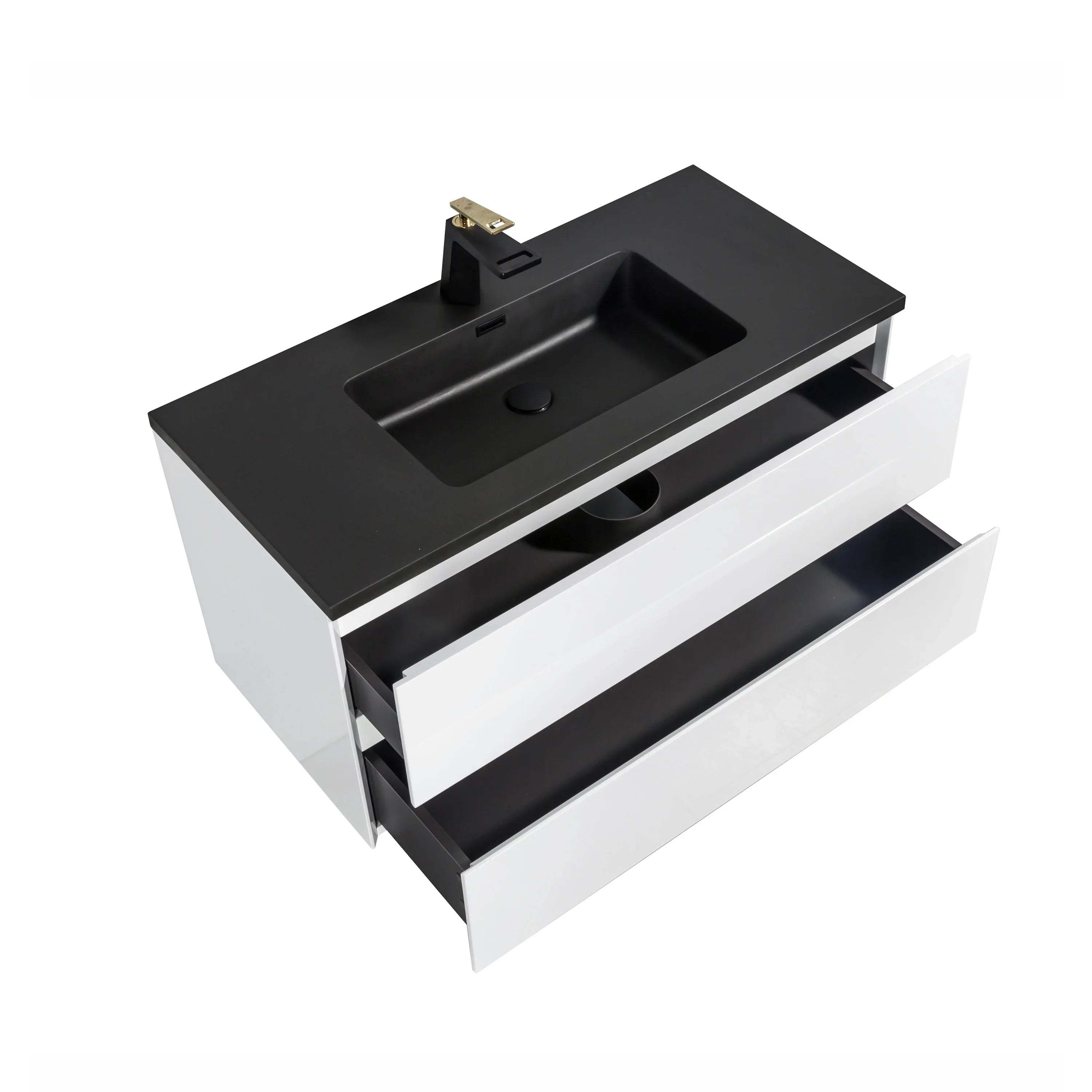 48" White Wall Mount Single Sink Bathroom Vanity with Black Engineered Quartz Countertop