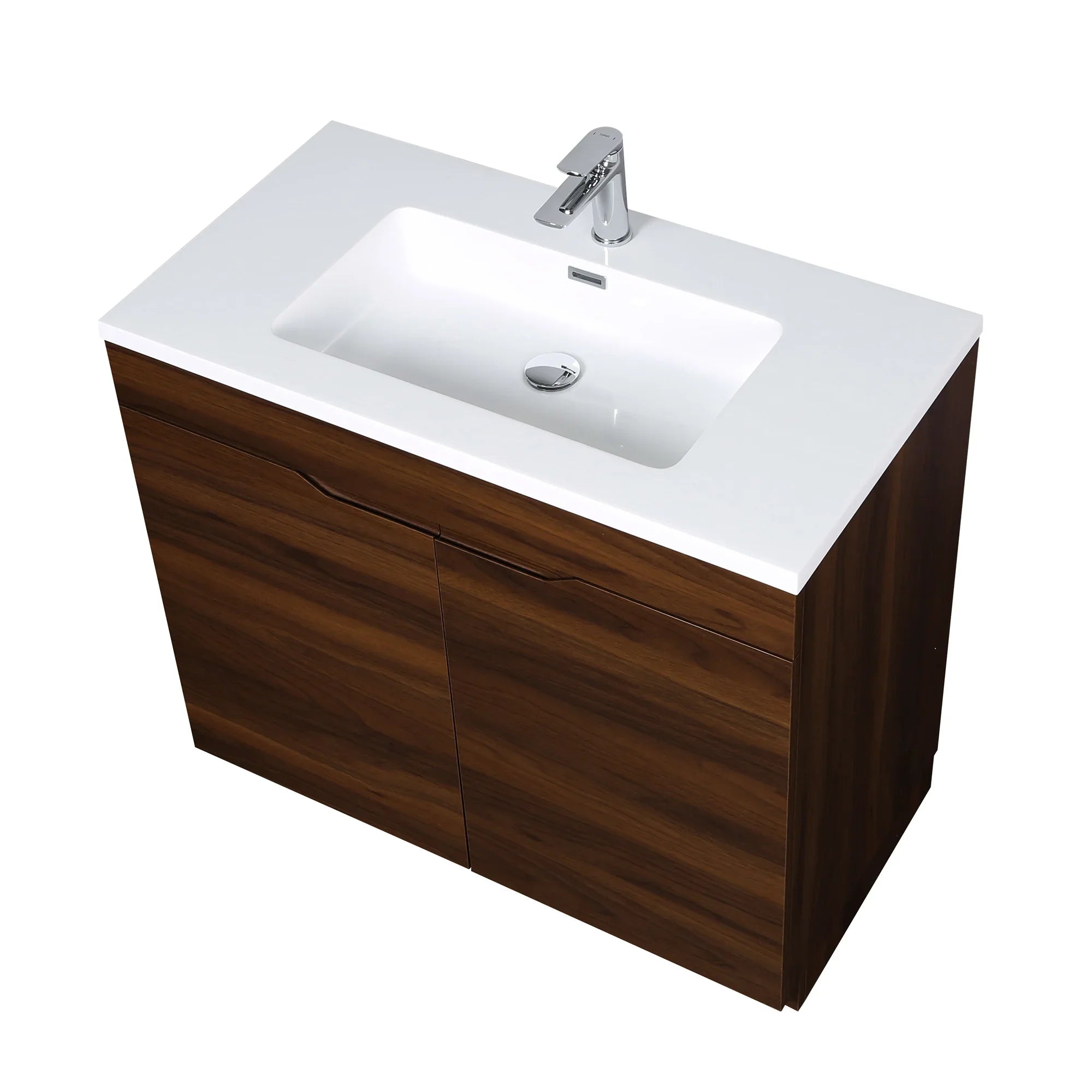36" Walnut Freestanding Single Sink Bathroom Vanity with White Polymarble Countertop