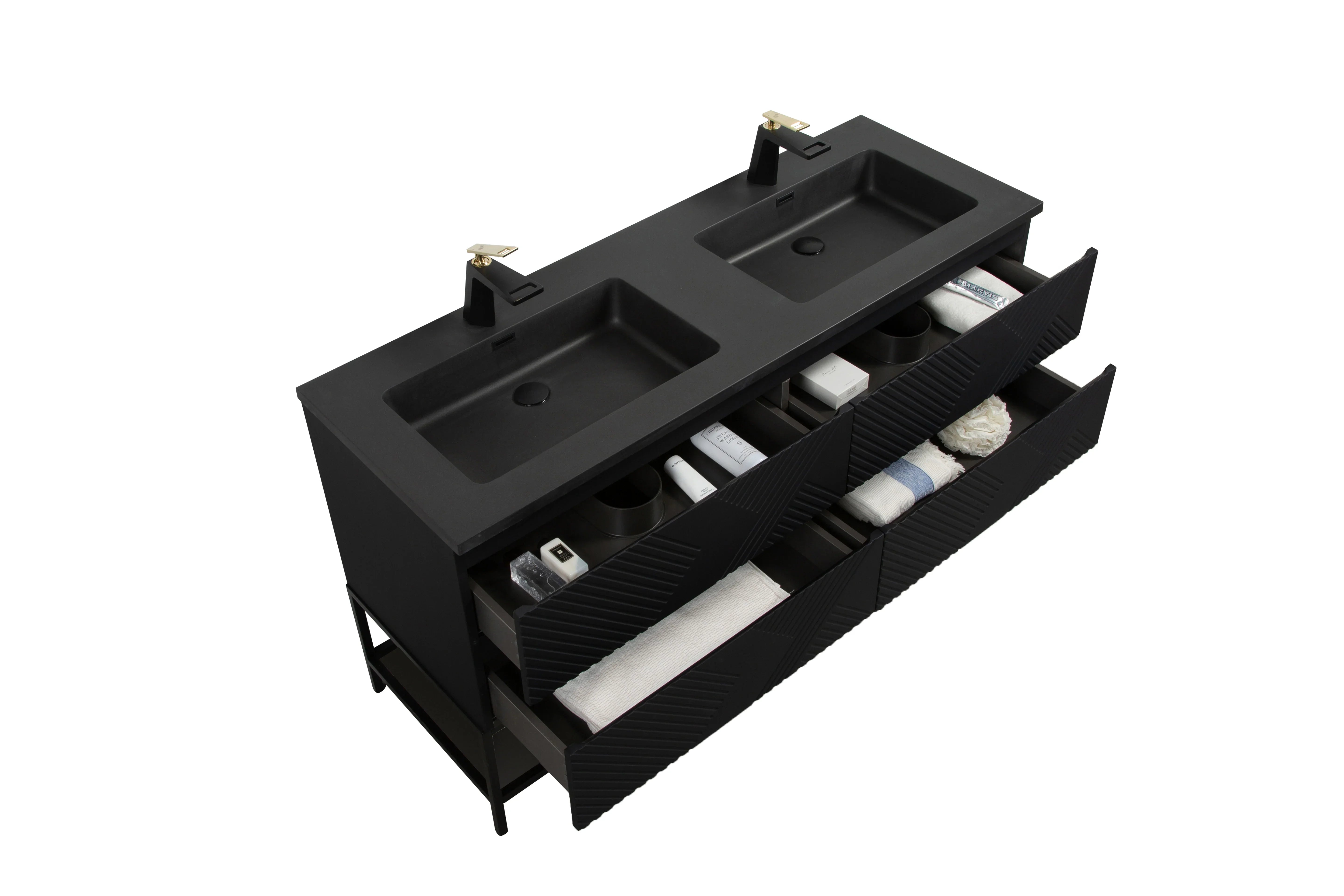 Meuble-lavabo mural noir 60" avec Comptoir en quartz technique noir