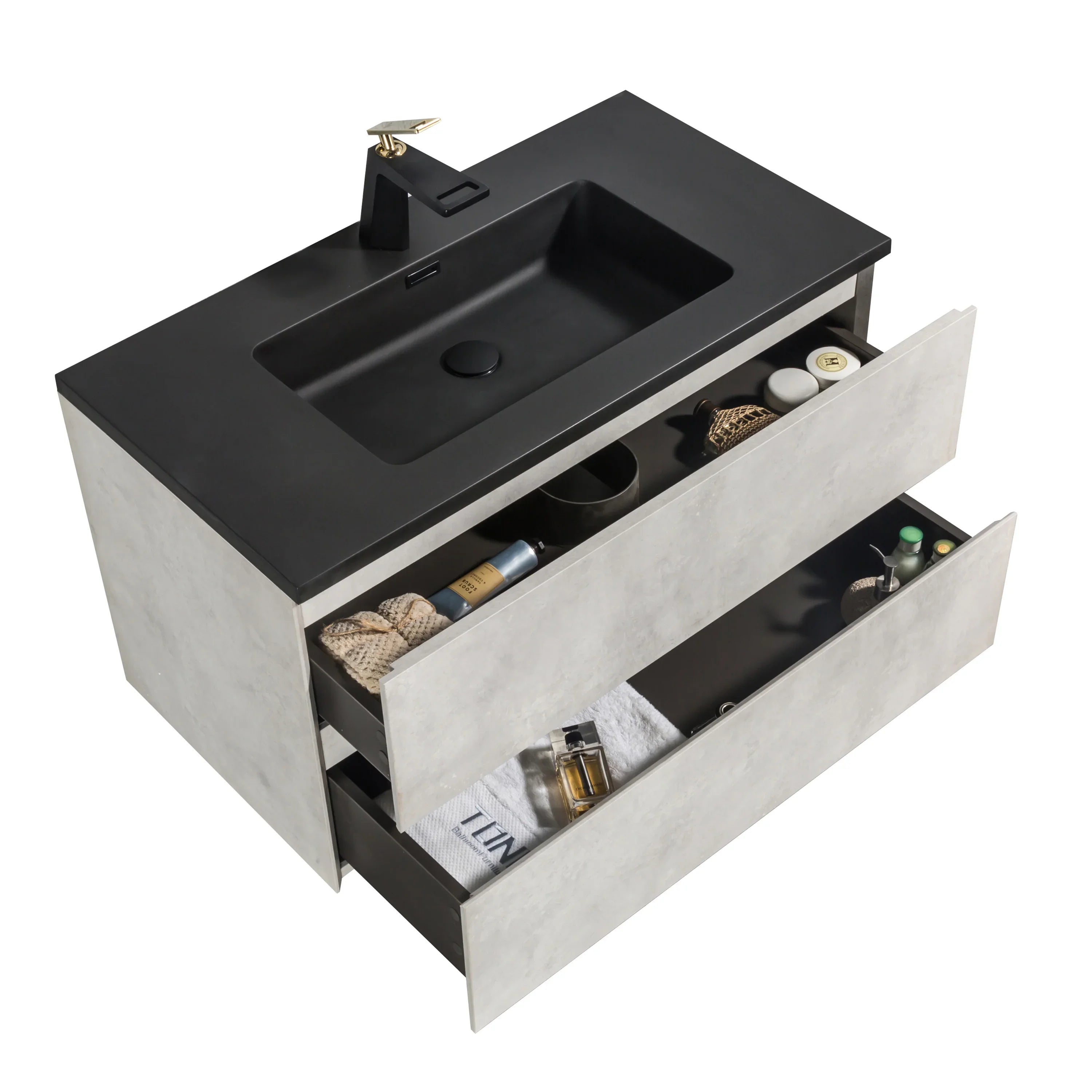 36" Grey Wall Mount Single Sink Bathroom Vanity with Black Engineered Quartz Countertop