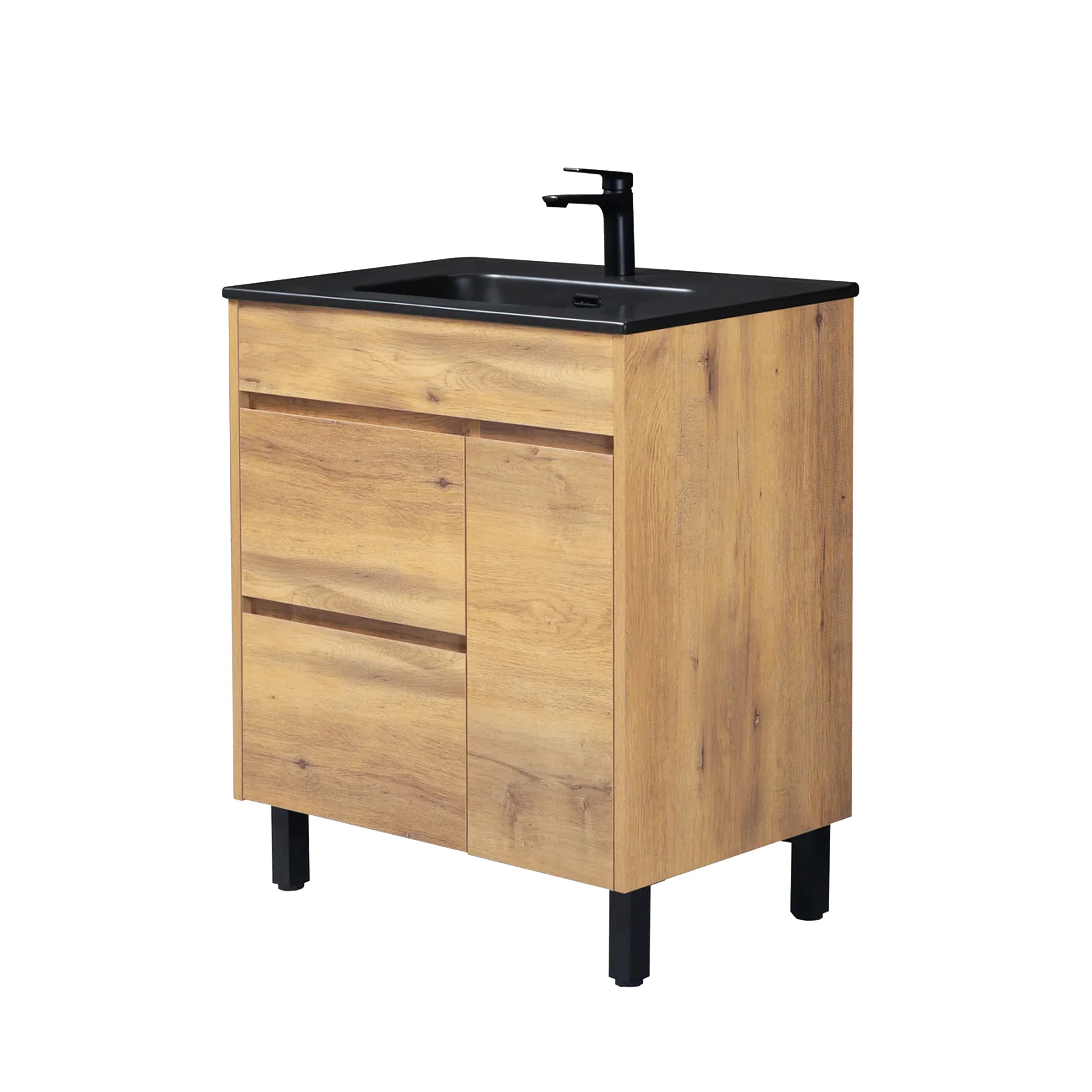 30" Frosted Oak Freestanding Single Sink Bathroom Vanity with Black Ceramic Countertop