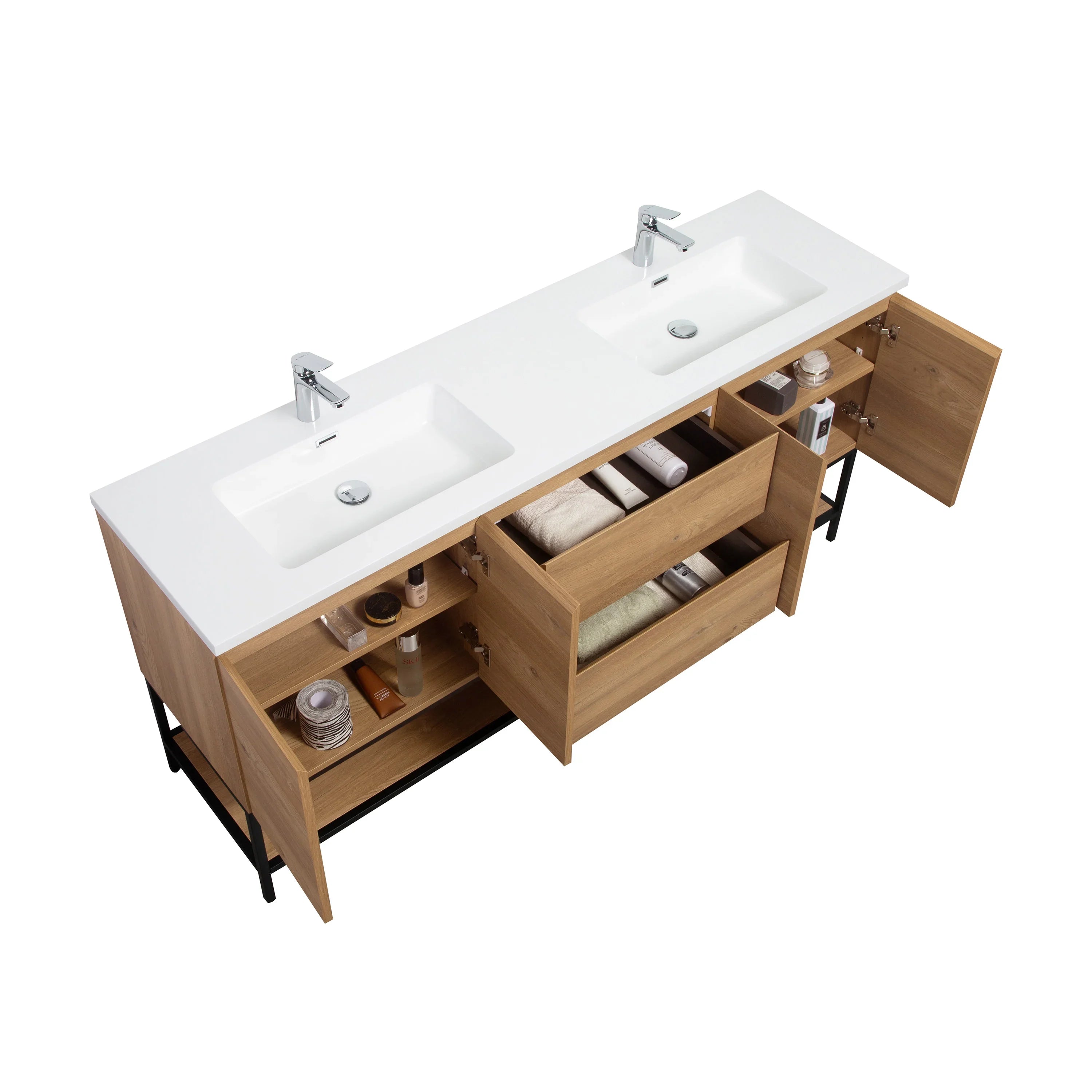 72" Rough Oak Wall Mount Double Sink Bathroom Vanity with White Polymarble Countertop