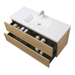 Meuble-Lavabo Mural 48po Noyer Couchant avec Comptoir de Polymarbre Blanc