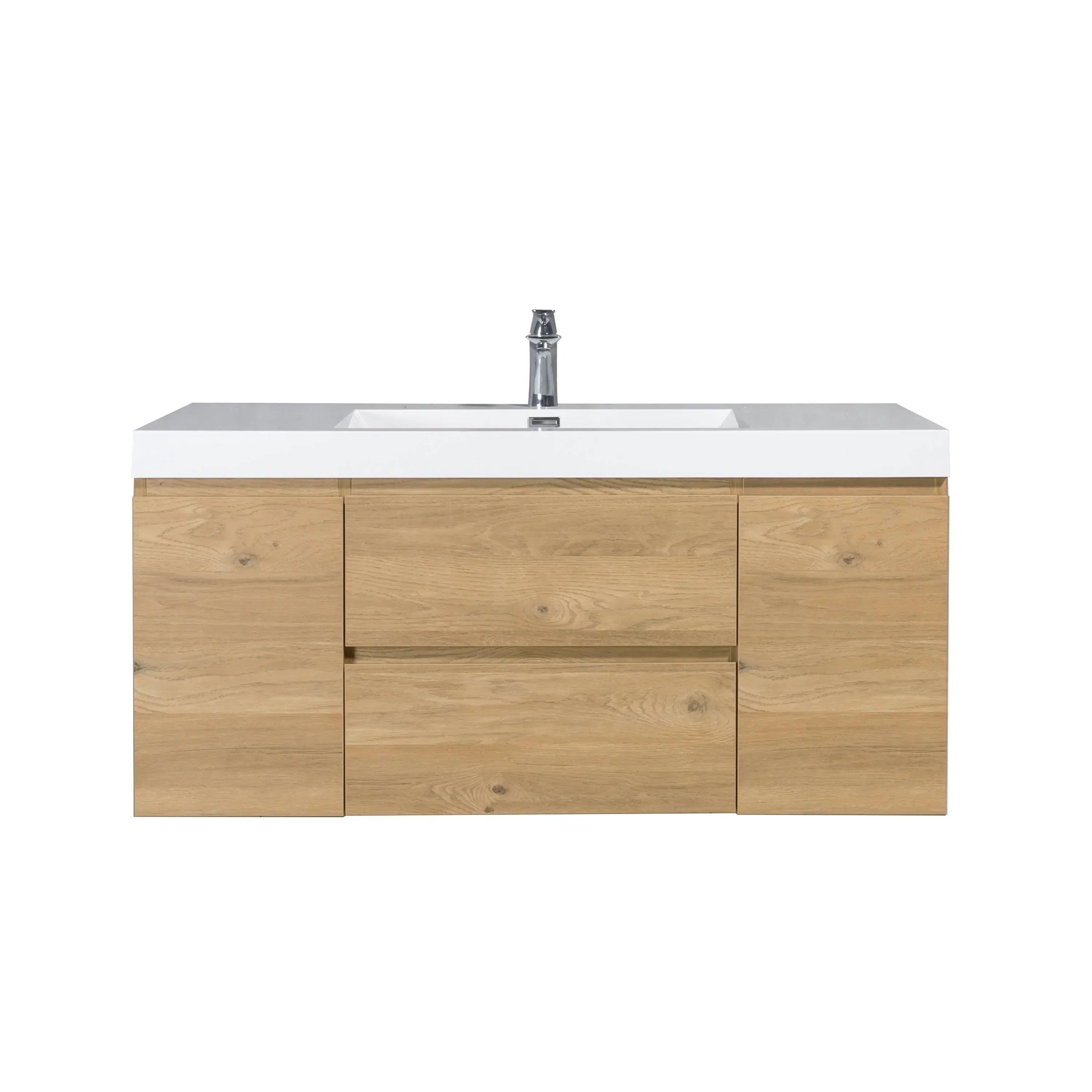 48" Rough Oak Wall Mount Single Sink Bathroom Vanity with White Polymarble Countertop - KD