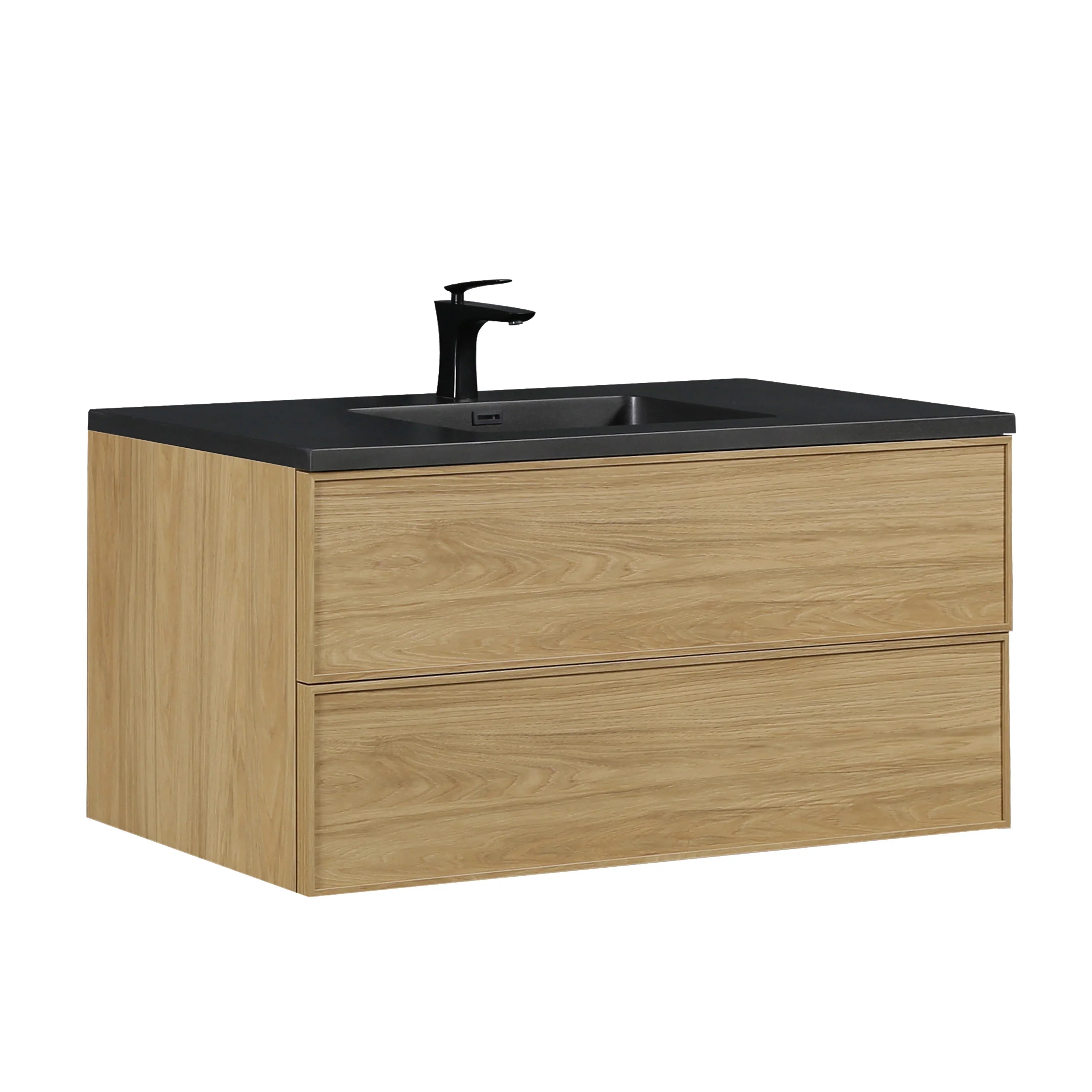 48" Sunset Walnut Wall Mount Bathroom Vanity with Black Engineered Quartz Countertop