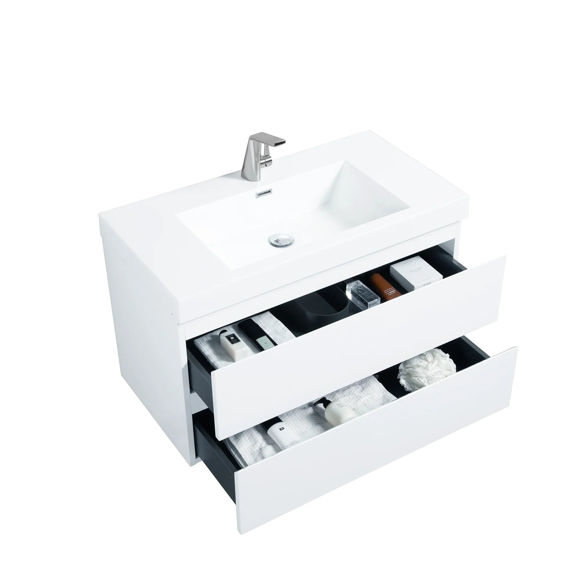 36" Glossy White Wall Mount Bathroom Vanity with White Polymarble Countertop