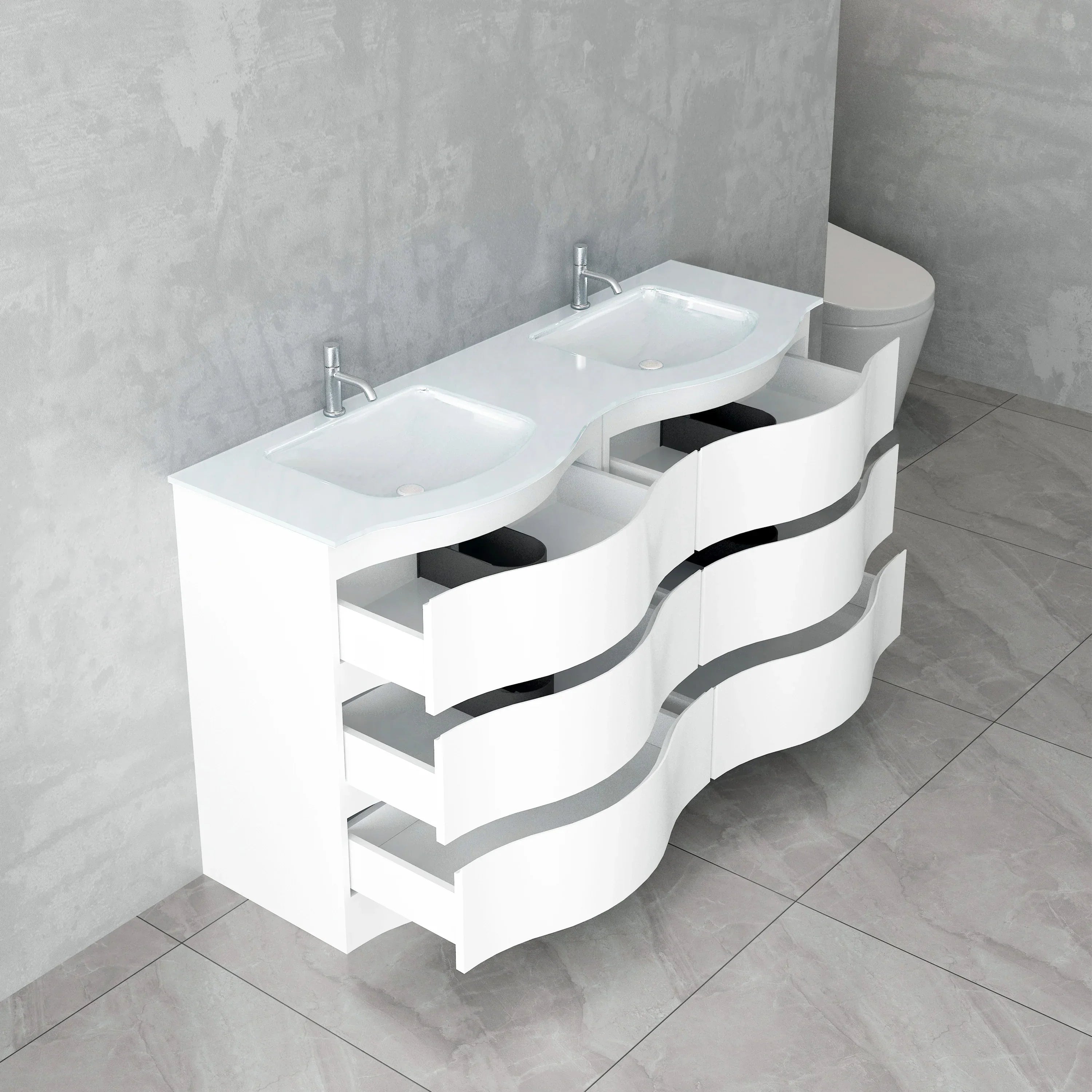Meuble-Lavabo Autoportant 60po Blanc Mat avec Comptoir de Verre Blanc