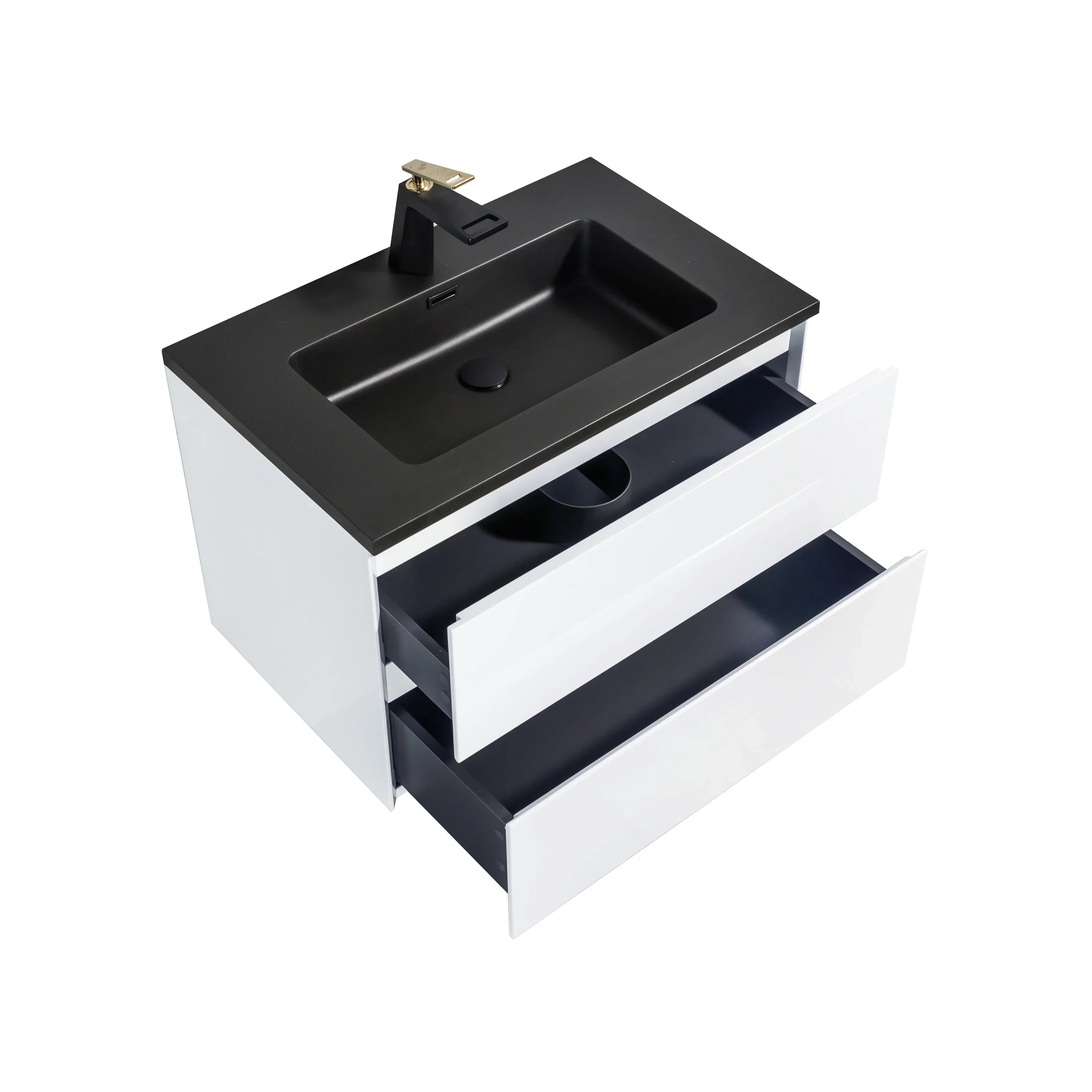 30" White Wall Mount Bathroom Vanity with Black Engineered Quartz Countertop