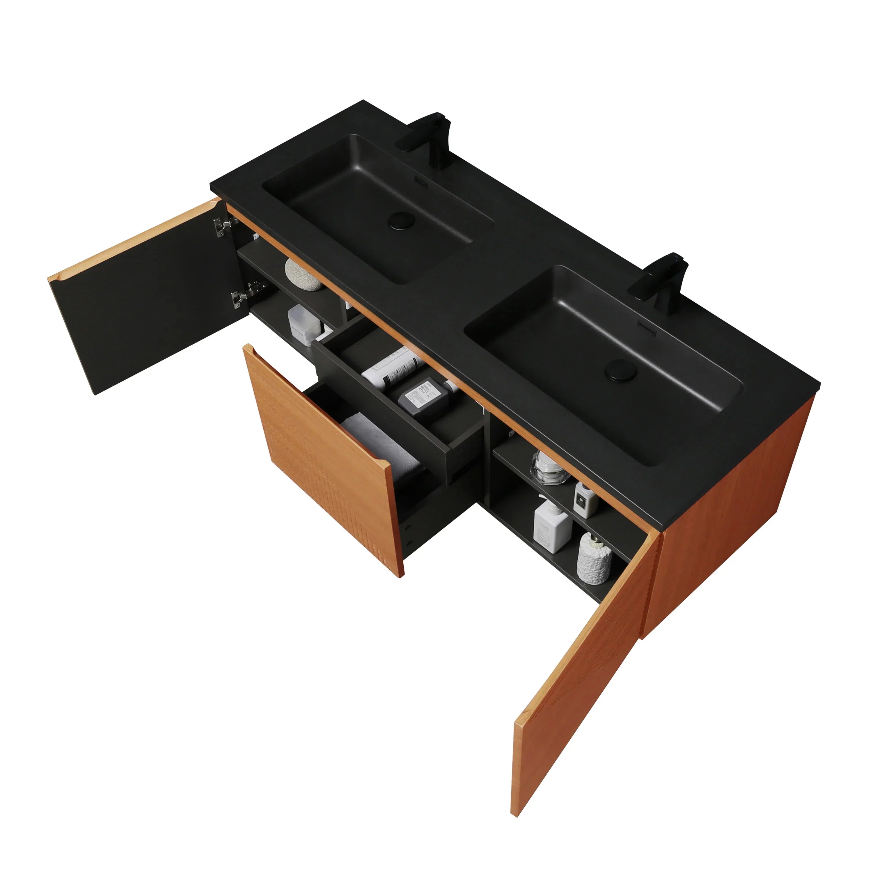 60" Light Oak Wall-Mounted Double Sink Bathroom Vanity with Black Engineered Quartz Countertop