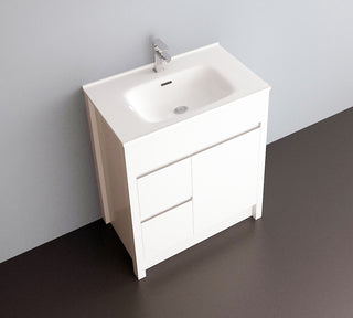 30" Matte White Freestanding Single Sink Bathroom Vanity with White Ceramic Countertop