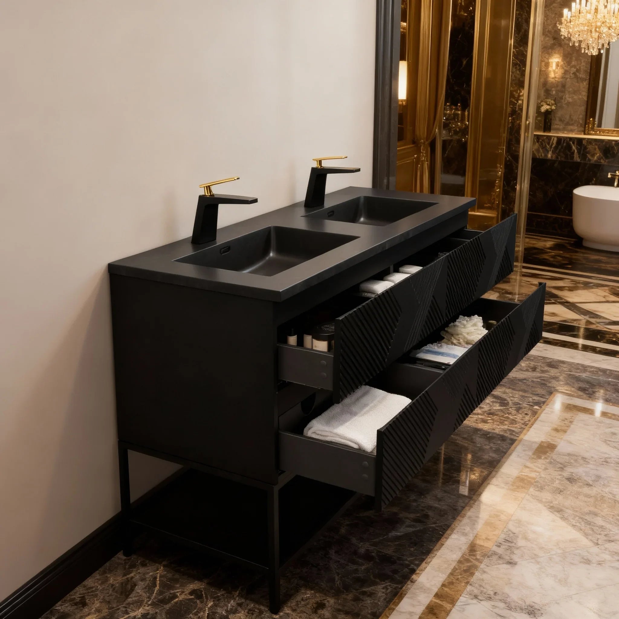 Meuble-lavabo mural noir 60" avec Comptoir en quartz technique noir
