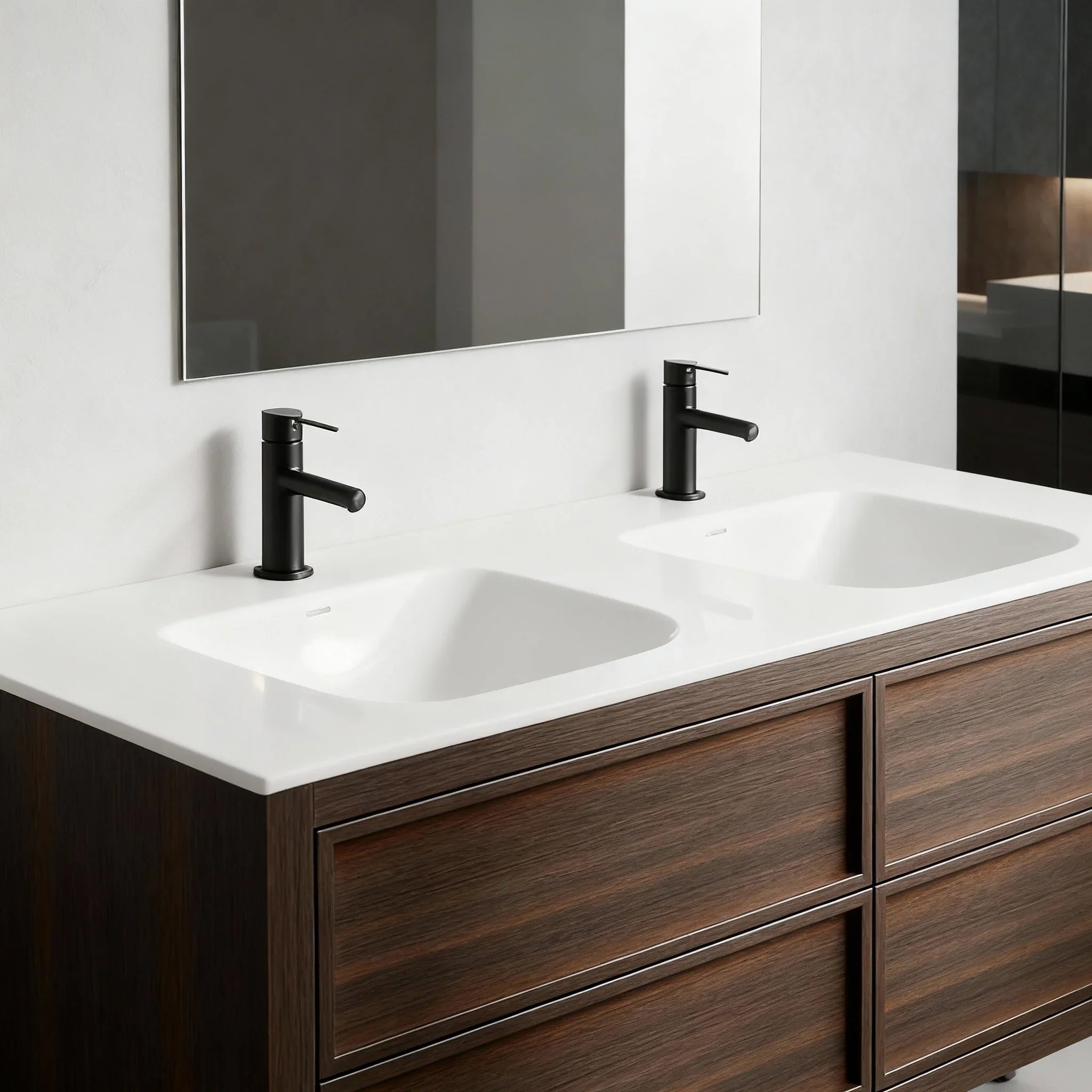 60" Smoked Oak Freestanding Double Sink Bathroom Vanity with White Solid Surface Countertop