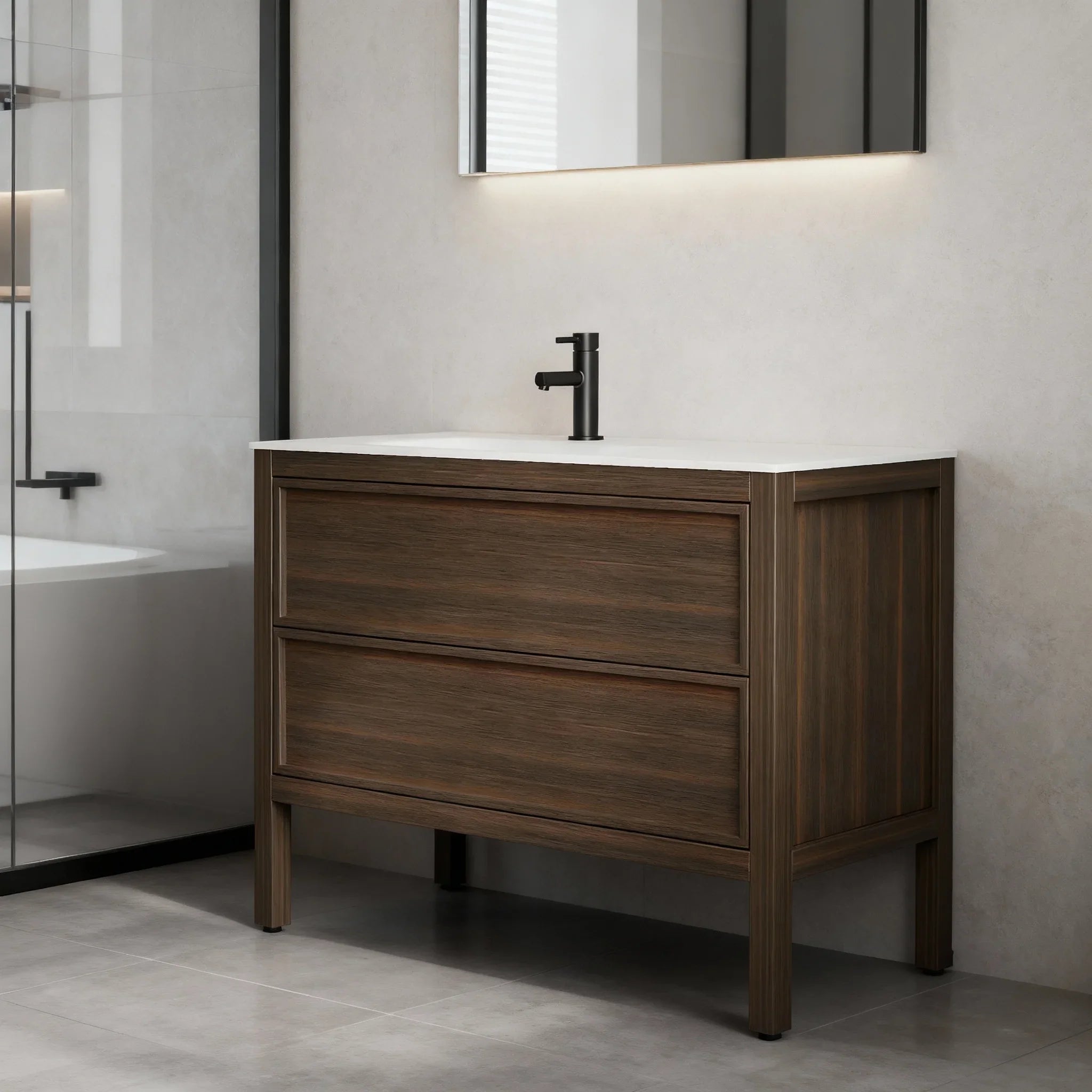 Meuble-Lavabo Autoportant 48po Chêne Fumé avec Comptoir de Surface Solide Blanc