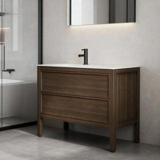 Meuble-Lavabo Autoportant 48po Chêne Fumé avec Comptoir de Surface Solide Blanc