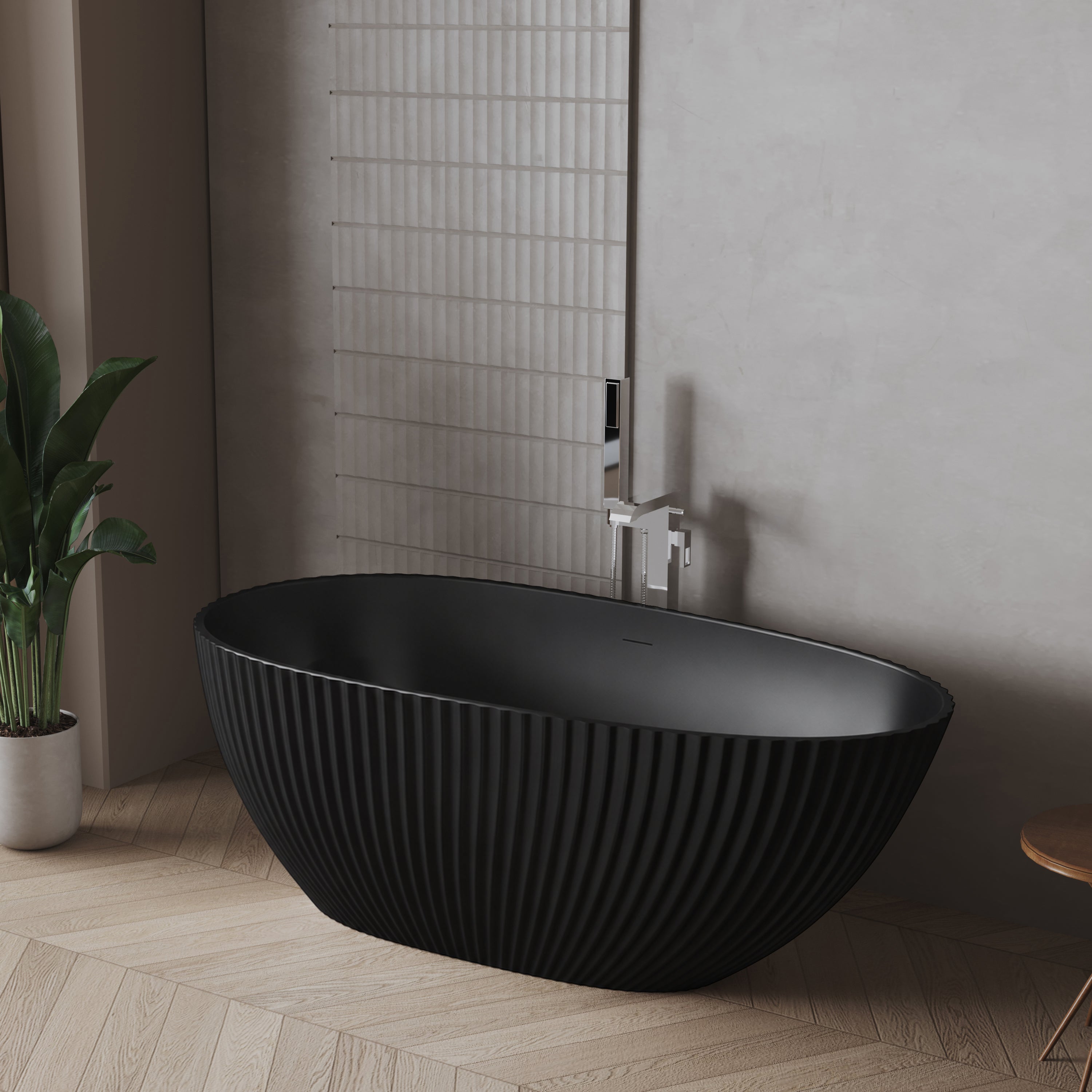 60" Calista Matte Black Freestanding Bathtub with Fluted Design