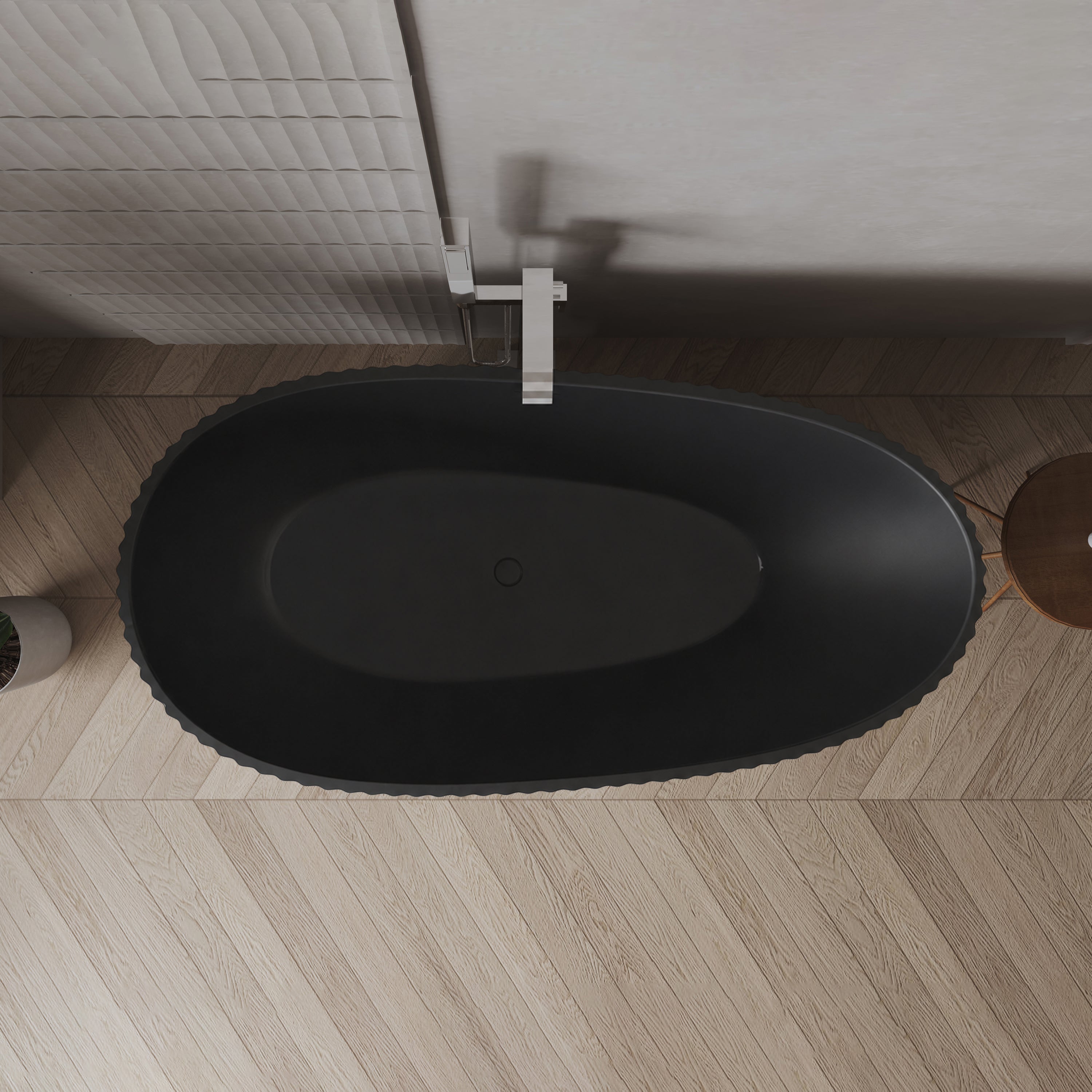 60" Calista Matte Black Freestanding Bathtub with Fluted Design