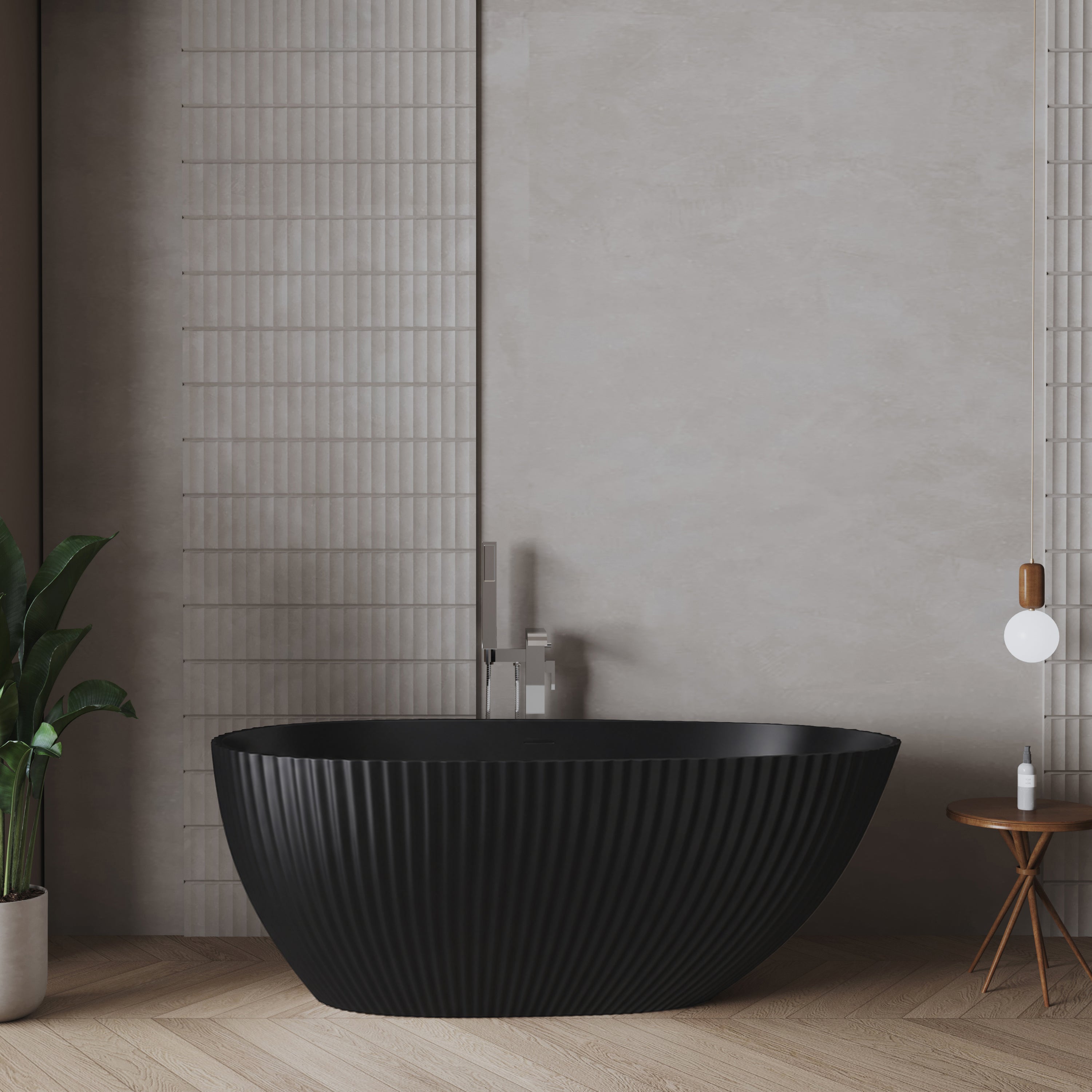 60" Calista Matte Black Freestanding Bathtub with Fluted Design