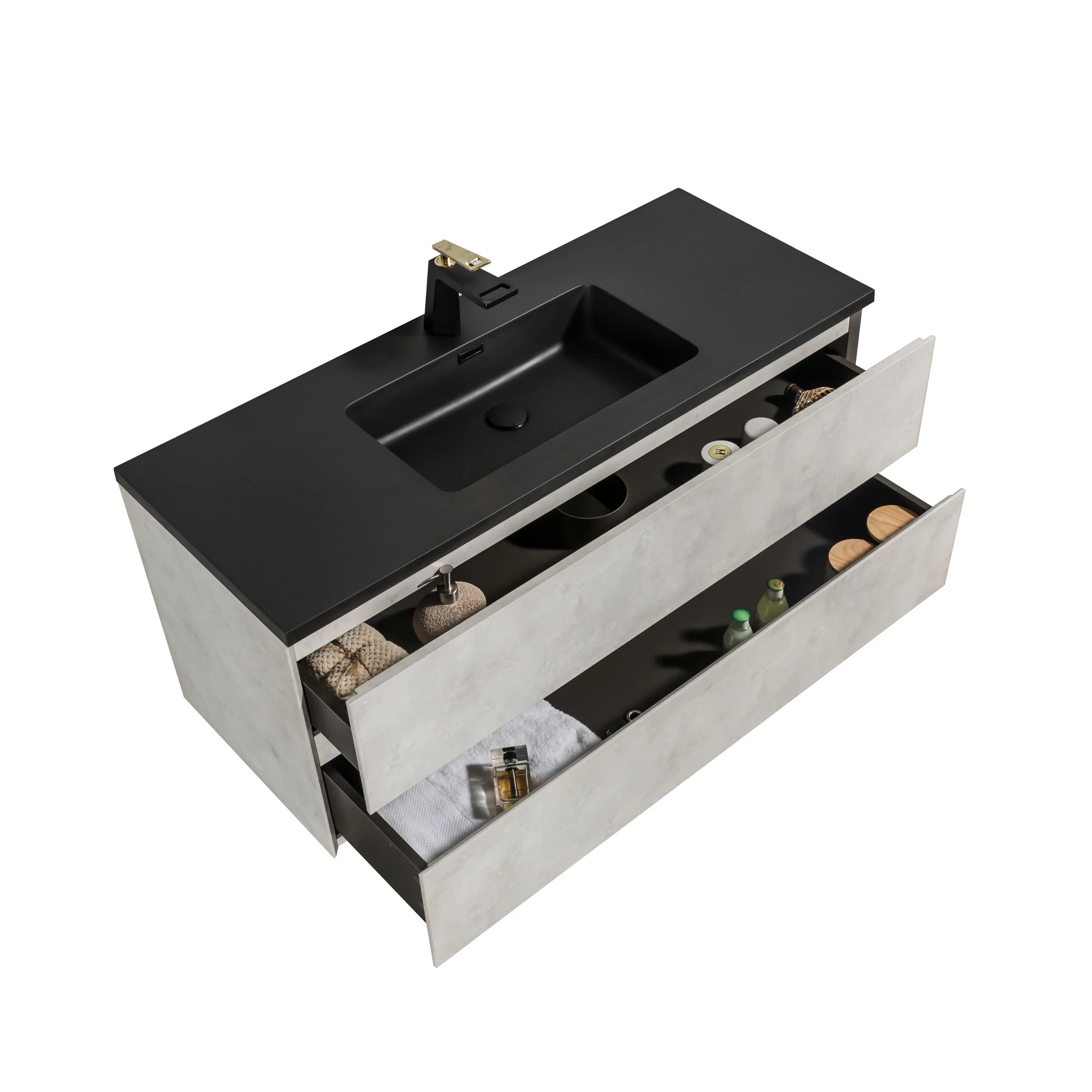 48" Grey Wall Mount Single Sink Bathroom Vanity with Black Engineered Quartz Countertop