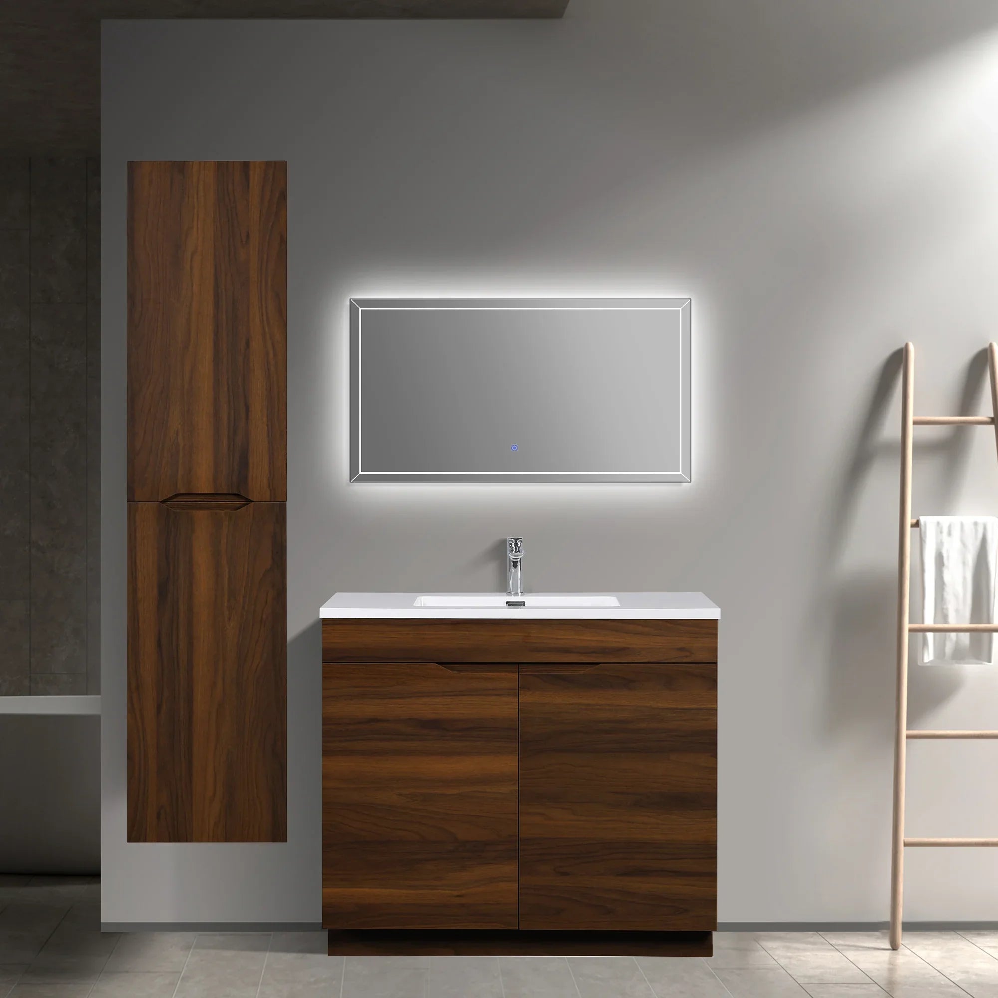 Armoire à Linge Murale de Salle de Bain - Noyer