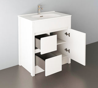 30" Matte White Freestanding Single Sink Bathroom Vanity with White Ceramic Countertop