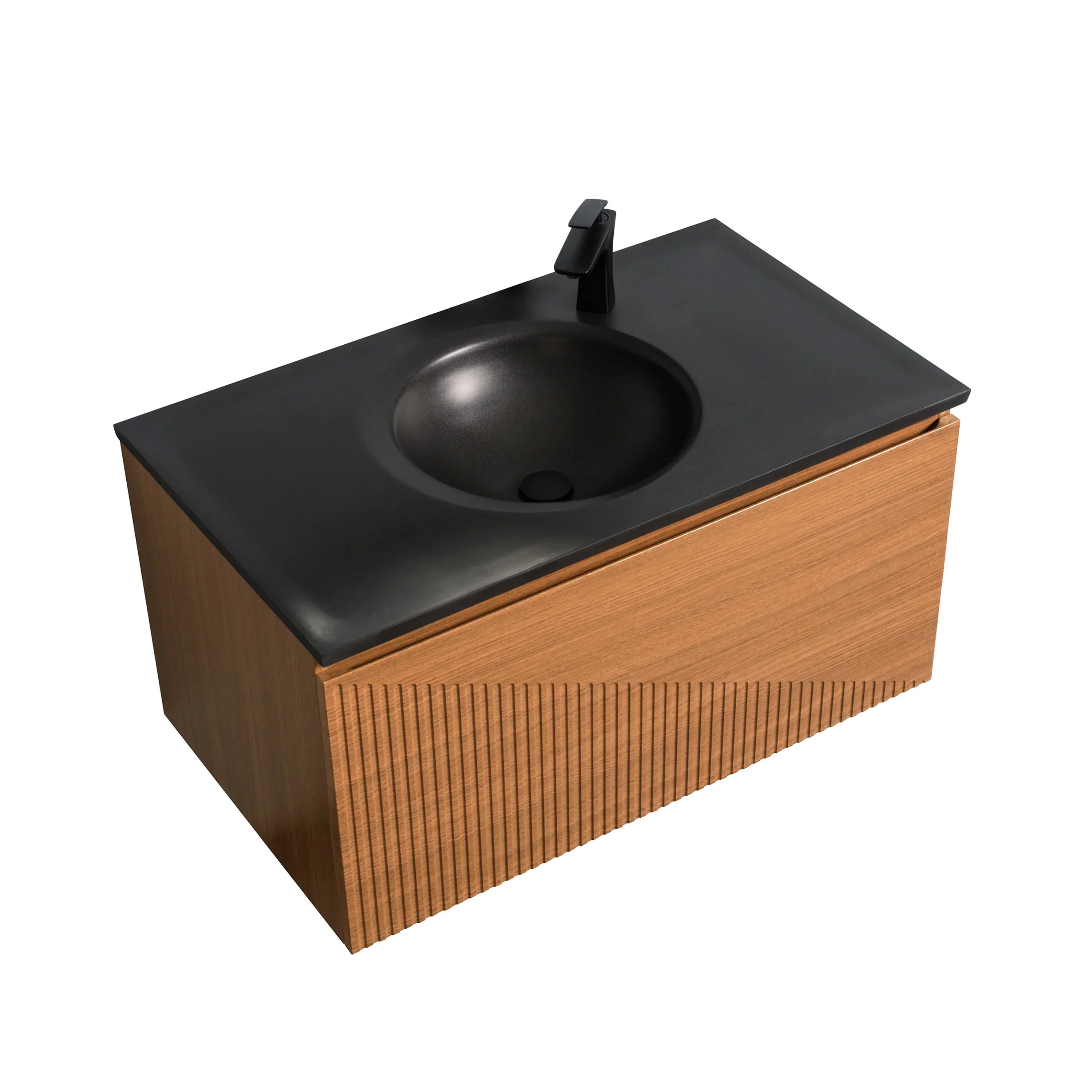 36" Light Oak Wall Mount Bathroom Vanity with Black Engineered Quartz Countertop