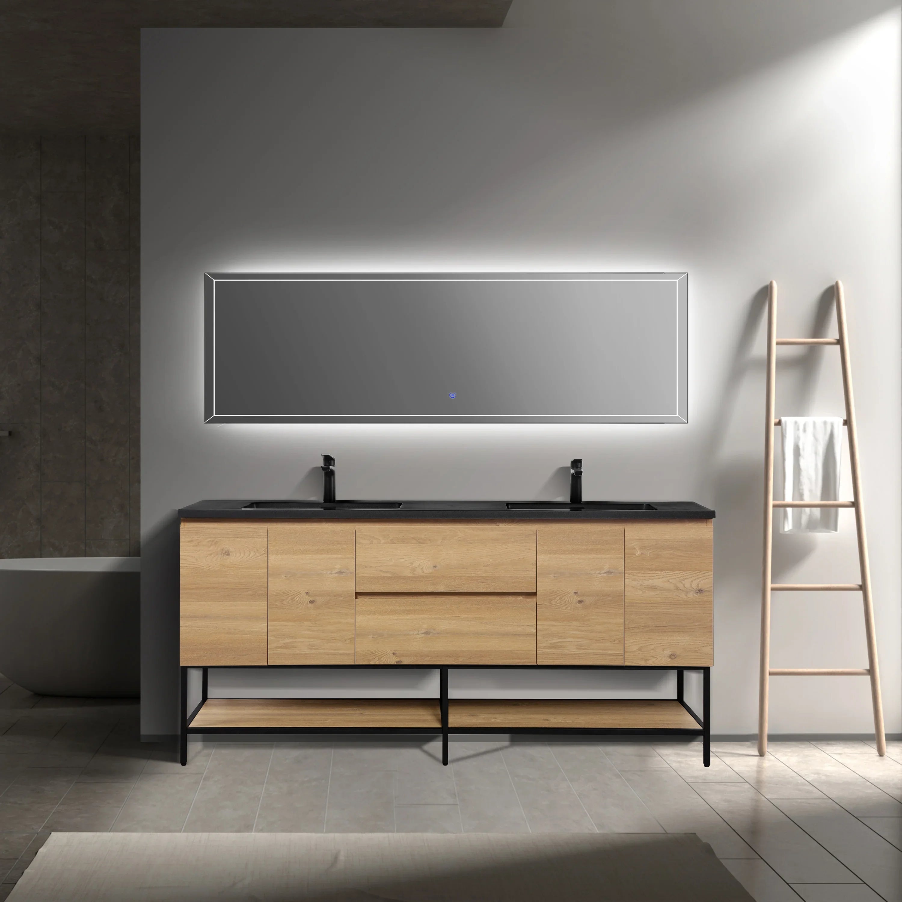 Meuble-Lavabo 72po Chêne Brut avec Comptoir de 72 Quartz Noir Lavabo Double