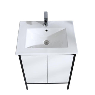 24" White & Black Frame Freestanding Single Sink Bathroom Vanity with White Ceramic Countertop - Golden Elite Deco