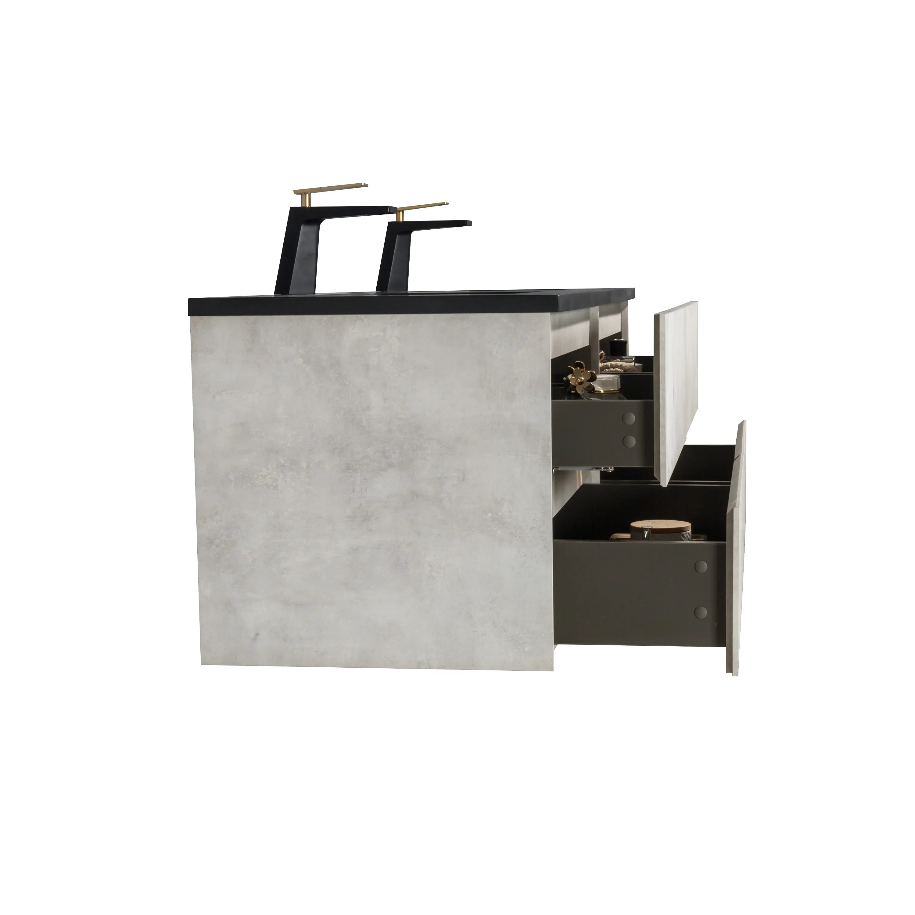 60" Grey Wall Mount Double Sink Bathroom Vanity with Black Engineered Quartz Countertop