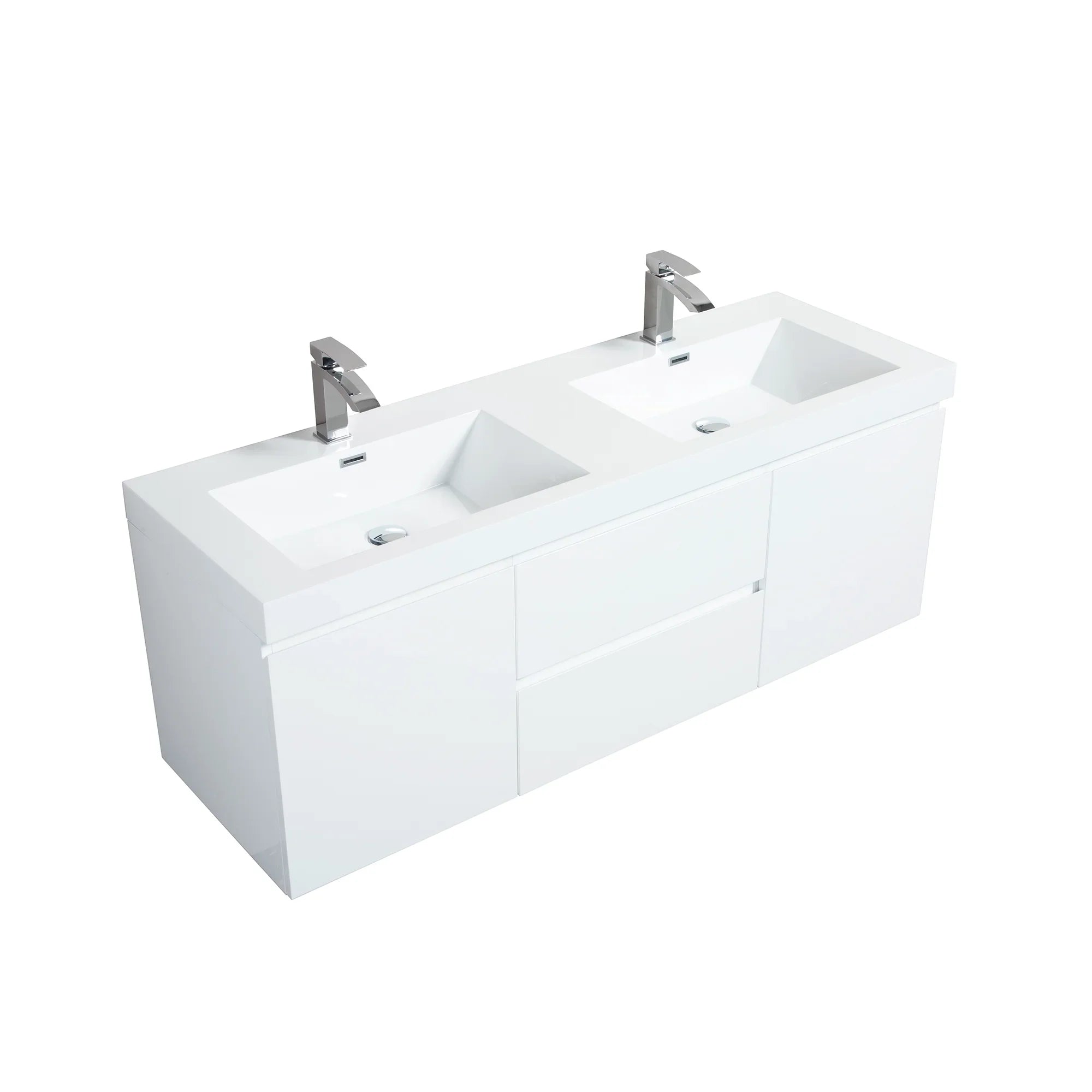 60" Glossy White Wall Mount Double Sink Bathroom Vanity with White Polymarble Countertop