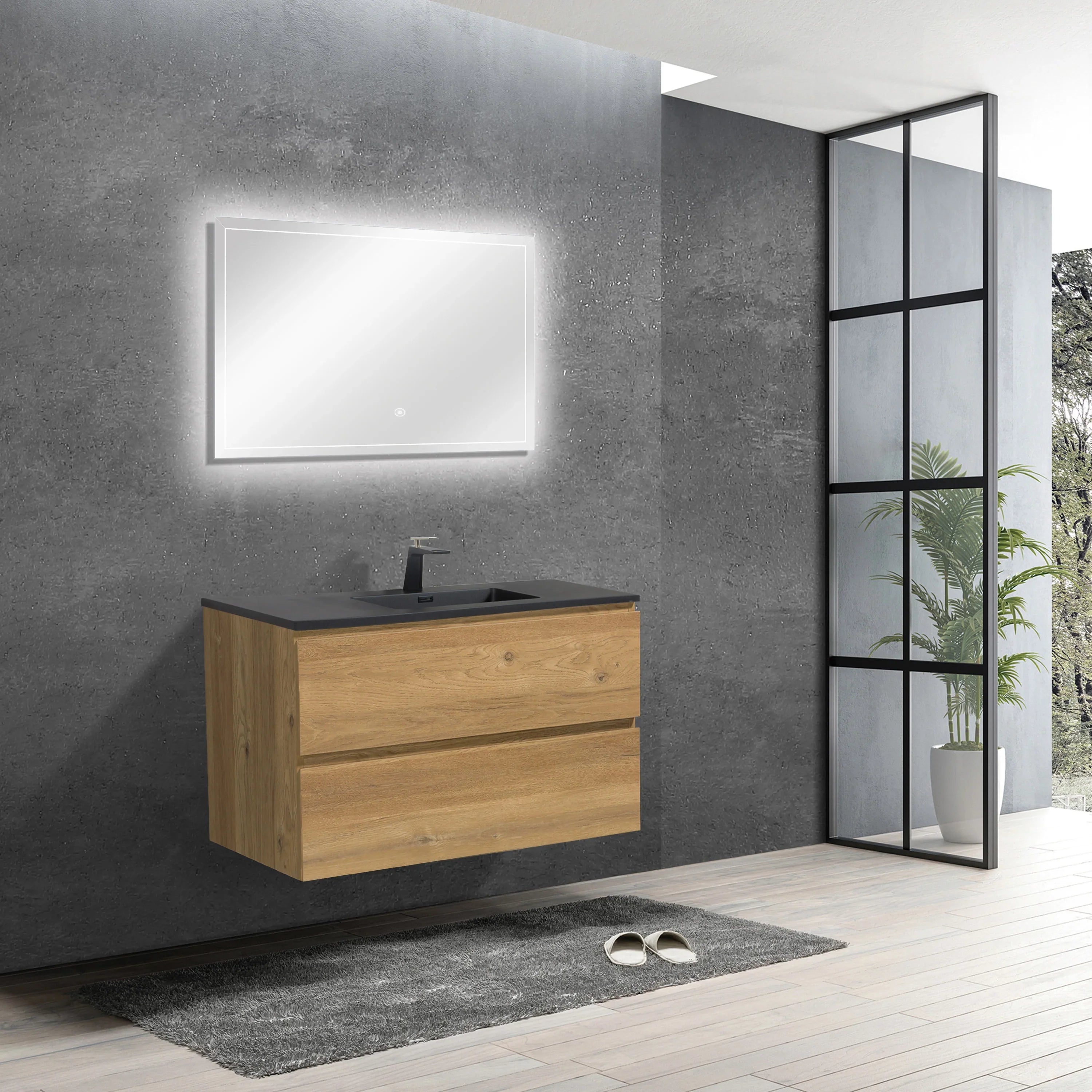 Meuble-Lavabo Mural 36po Chêne Brut avec Comptoir de Quartz d'ingénierie Noir