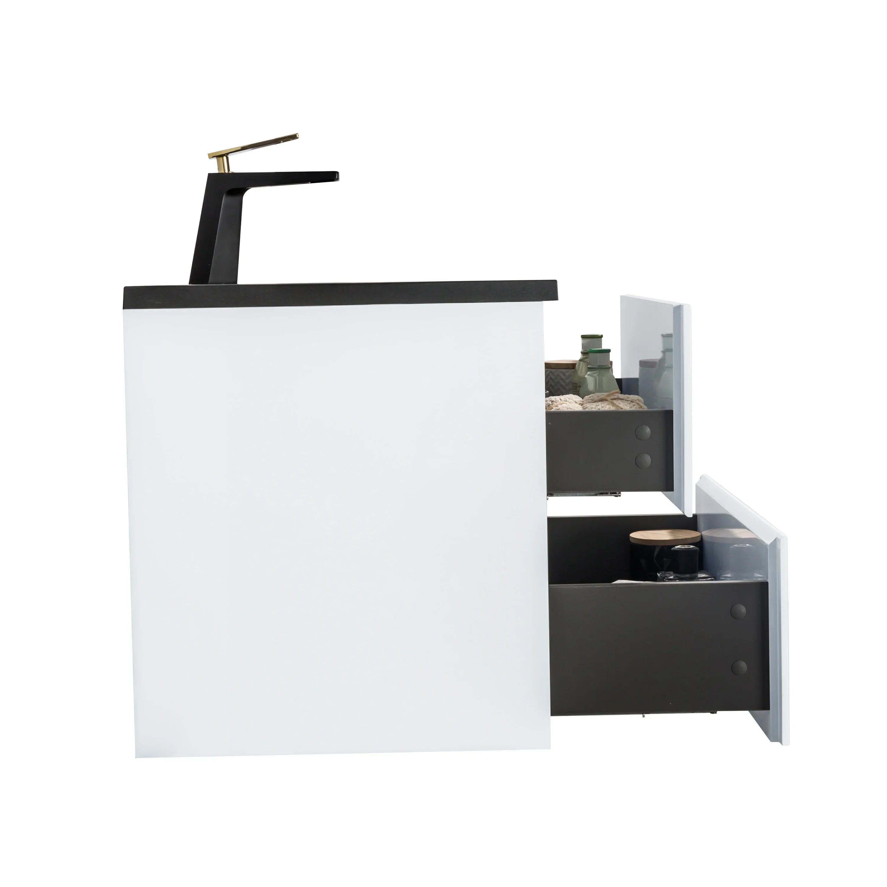 30" White Wall Mount Bathroom Vanity with Black Engineered Quartz Countertop