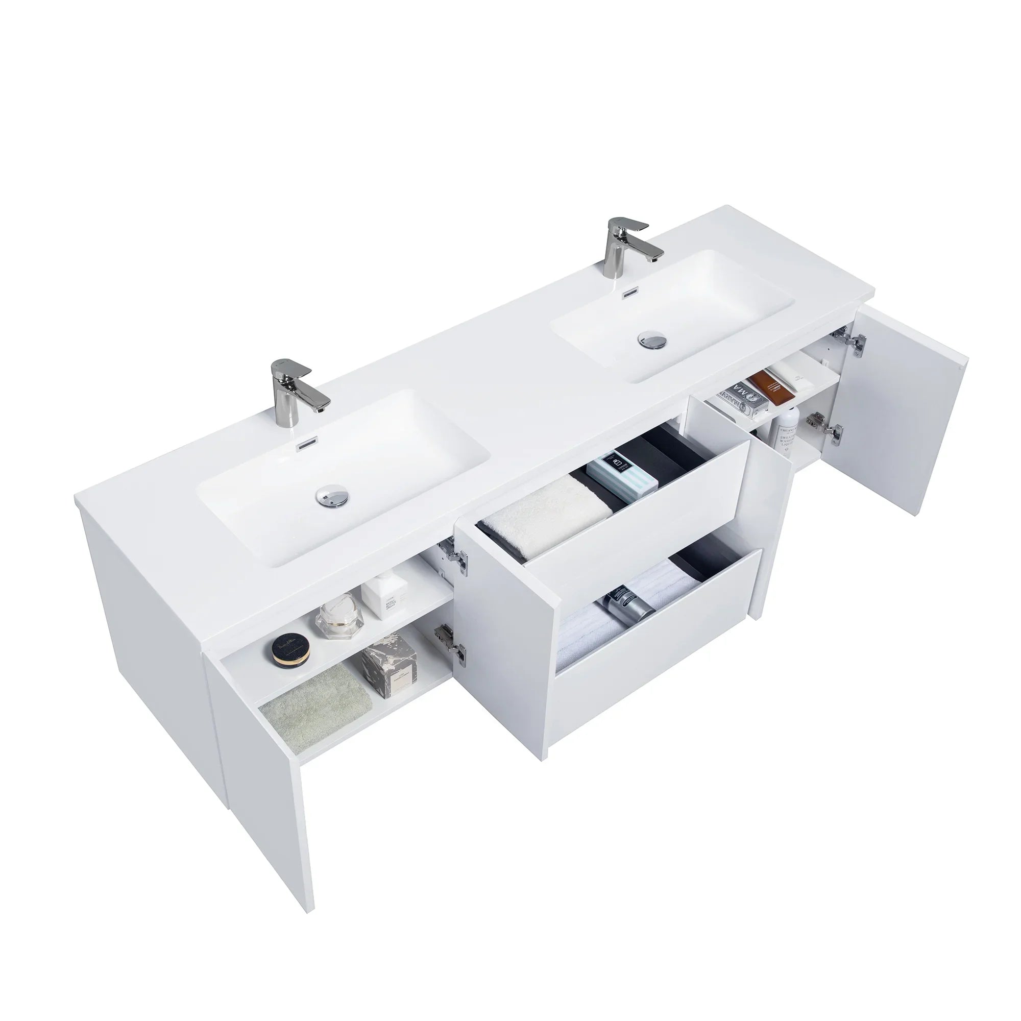 72" White Wall Mount Double Sink Bathroom Vanity with White Polymarble Countertop