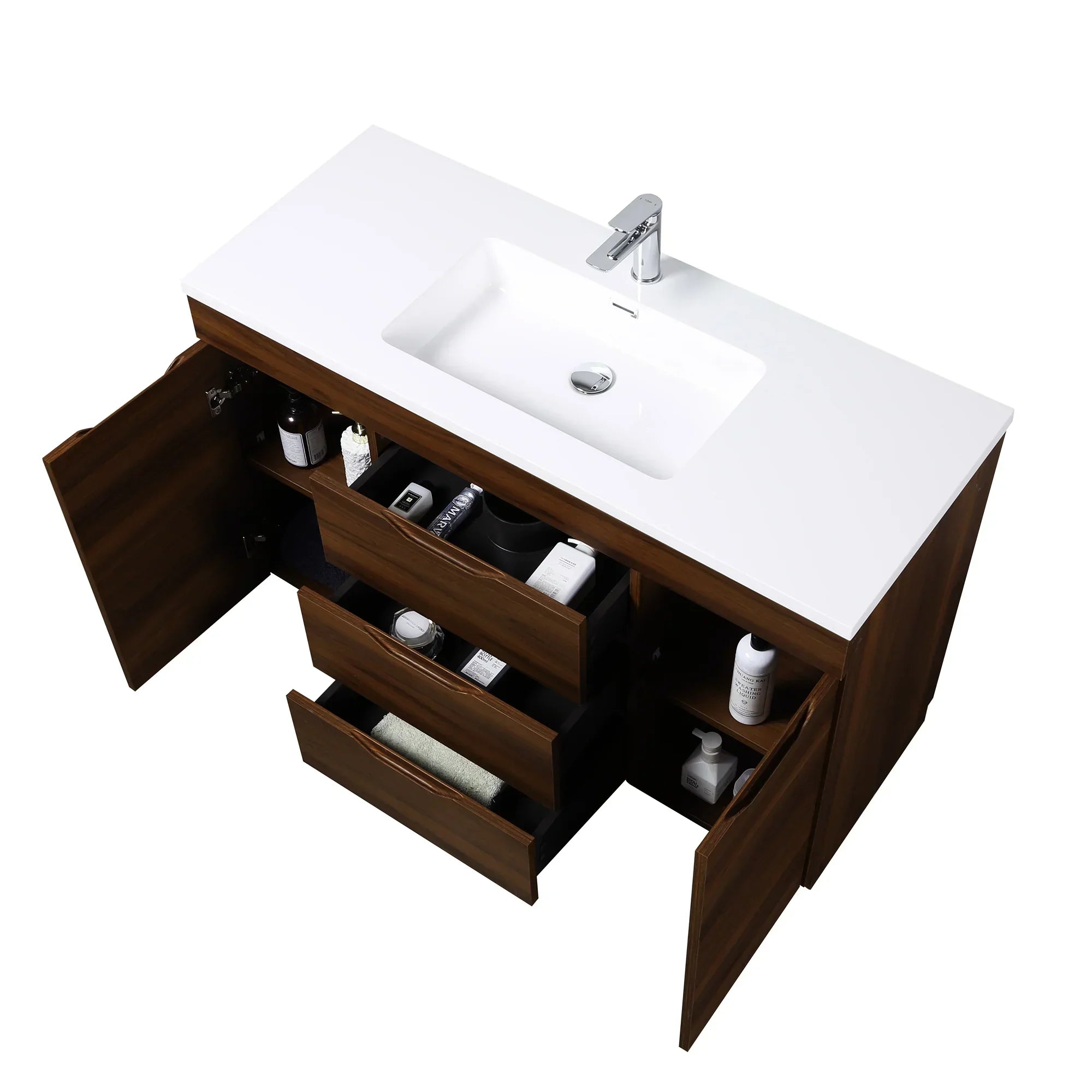 48" Walnut Freestanding Bathroom Vanity with White Polymarble Countertop