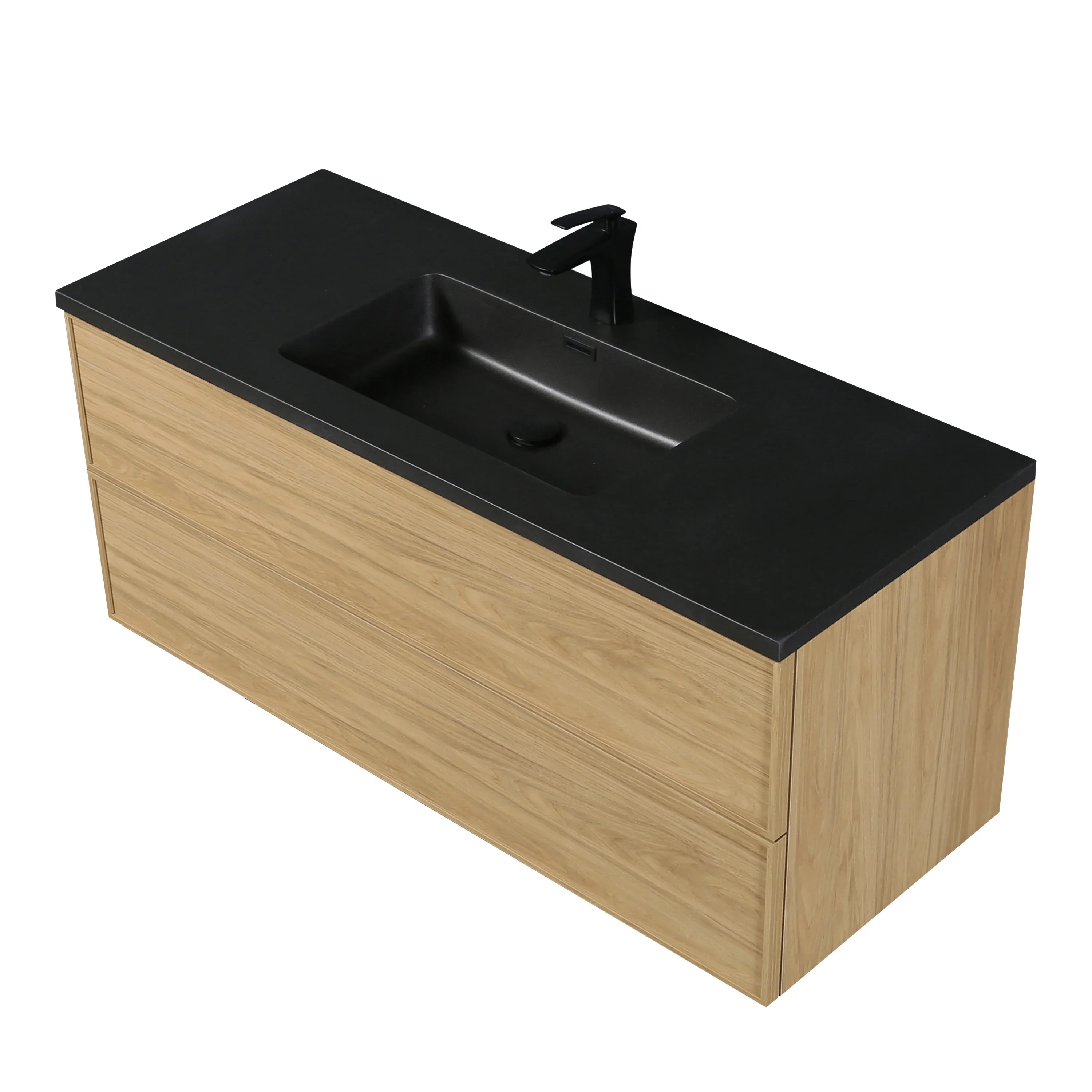 48" Sunset Walnut Wall Mount Bathroom Vanity with Black Engineered Quartz Countertop